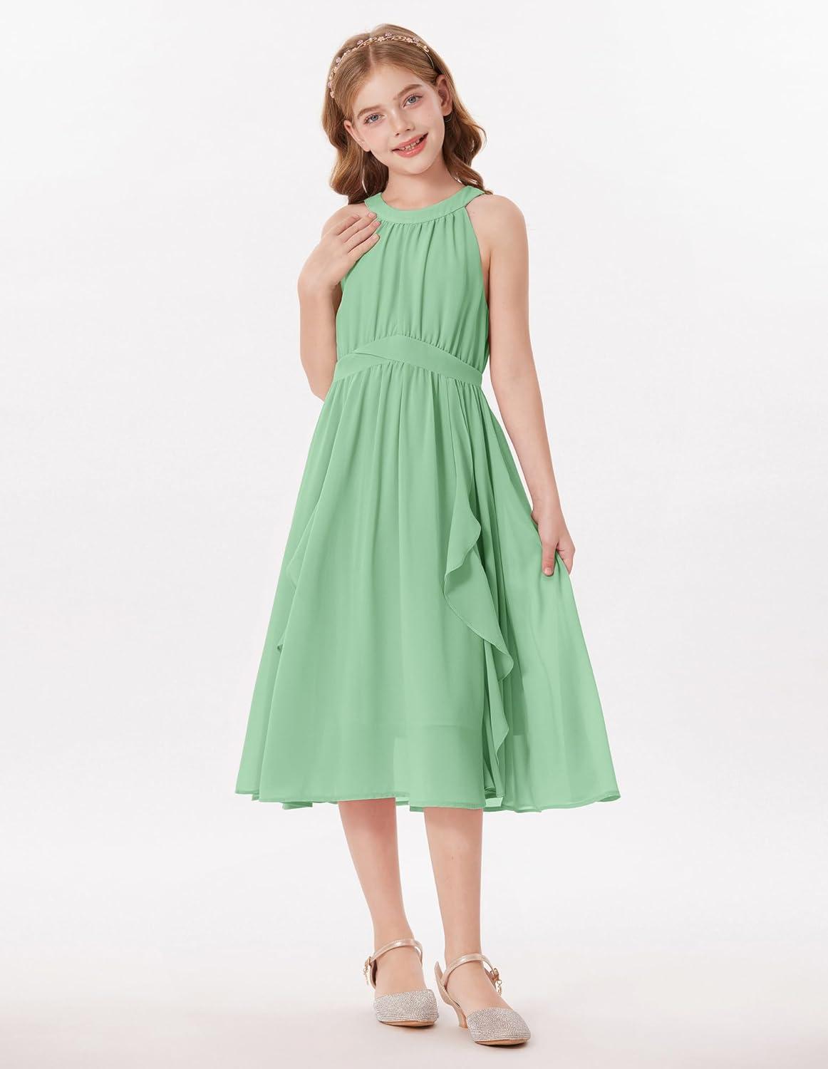 imageGRACE KARIN Girls Halter Neck Dress Midi Party Casual Chiffon Weeding Sundress Swing Pleated Dresses for Girl 614Green