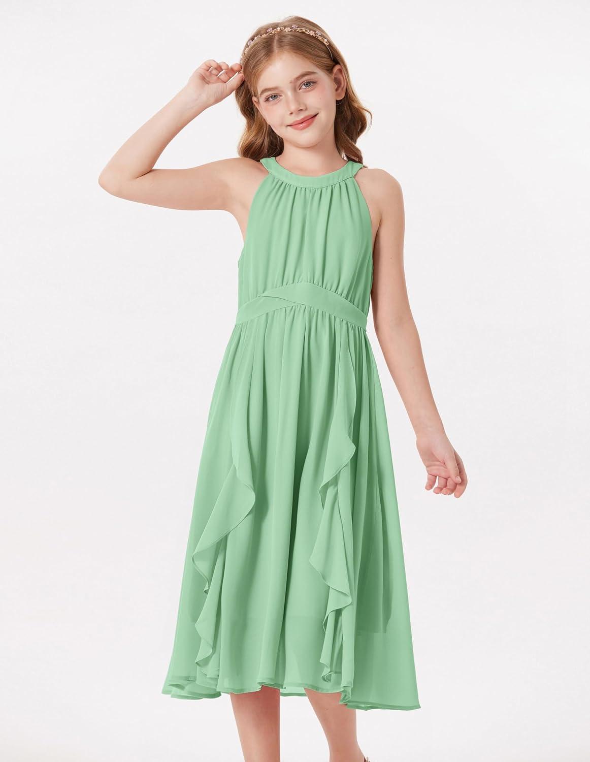 imageGRACE KARIN Girls Halter Neck Dress Midi Party Casual Chiffon Weeding Sundress Swing Pleated Dresses for Girl 614Green