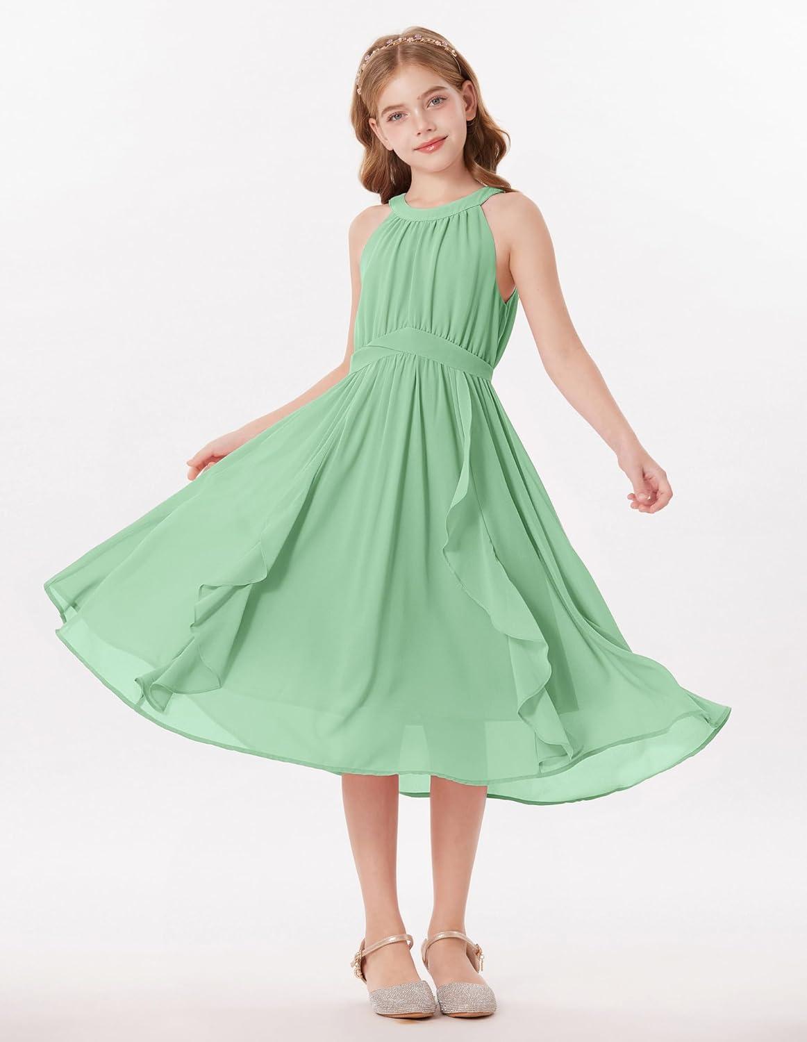 imageGRACE KARIN Girls Halter Neck Dress Midi Party Casual Chiffon Weeding Sundress Swing Pleated Dresses for Girl 614Green