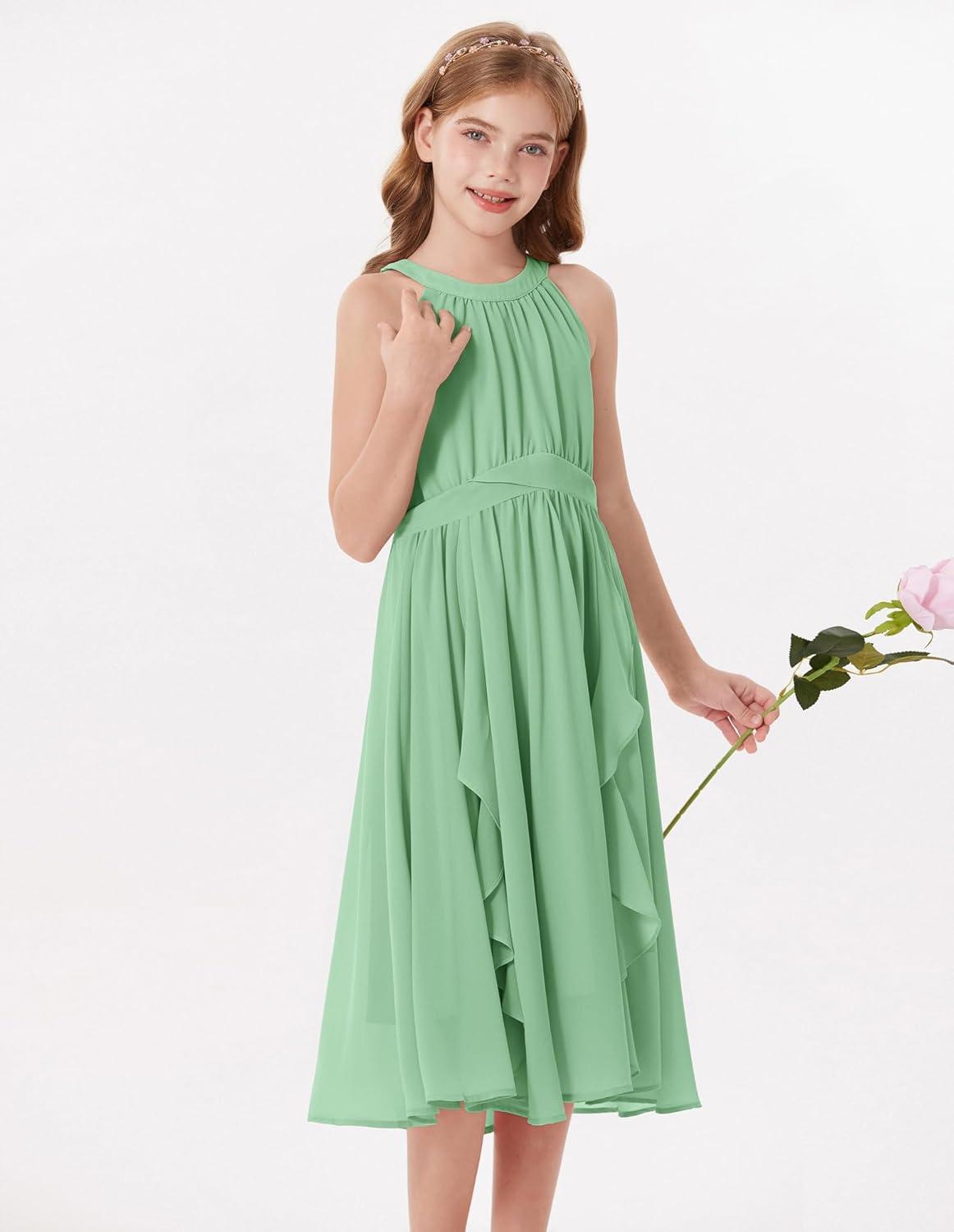 imageGRACE KARIN Girls Halter Neck Dress Midi Party Casual Chiffon Weeding Sundress Swing Pleated Dresses for Girl 614Green