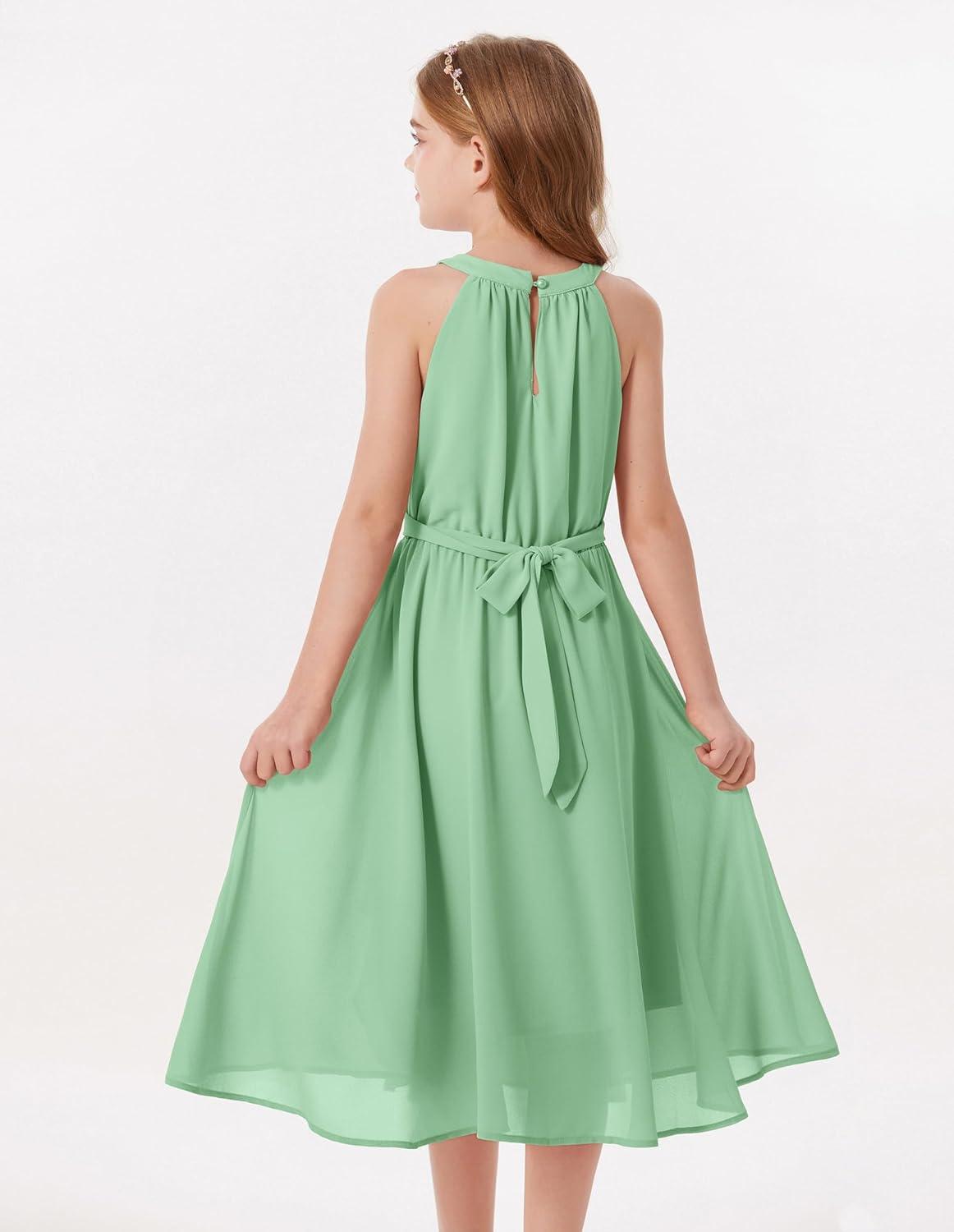 imageGRACE KARIN Girls Halter Neck Dress Midi Party Casual Chiffon Weeding Sundress Swing Pleated Dresses for Girl 614Green
