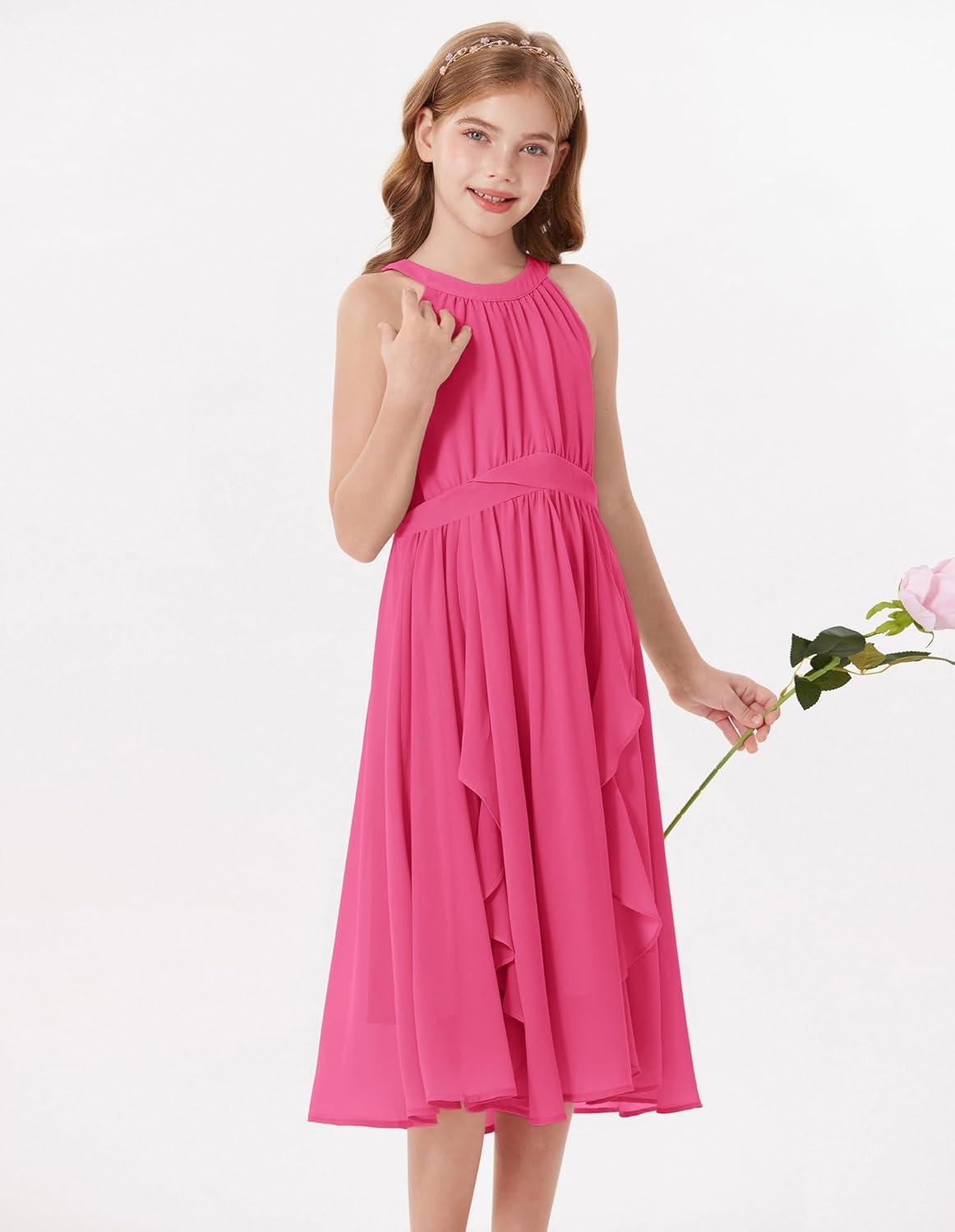 imageGRACE KARIN Girls Halter Neck Dress Midi Party Casual Chiffon Weeding Sundress Swing Pleated Dresses for Girl 614Hot Pink