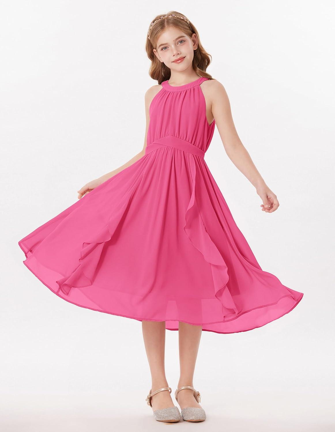 imageGRACE KARIN Girls Halter Neck Dress Midi Party Casual Chiffon Weeding Sundress Swing Pleated Dresses for Girl 614Hot Pink