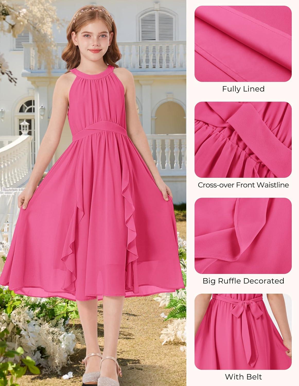 imageGRACE KARIN Girls Halter Neck Dress Midi Party Casual Chiffon Weeding Sundress Swing Pleated Dresses for Girl 614Hot Pink