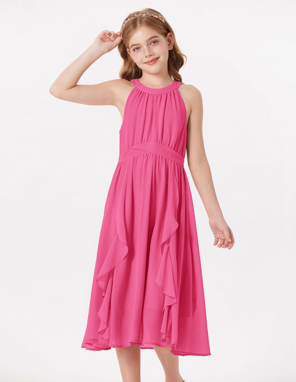 imageGRACE KARIN Girls Halter Neck Dress Midi Party Casual Chiffon Weeding Sundress Swing Pleated Dresses for Girl 614Hot Pink