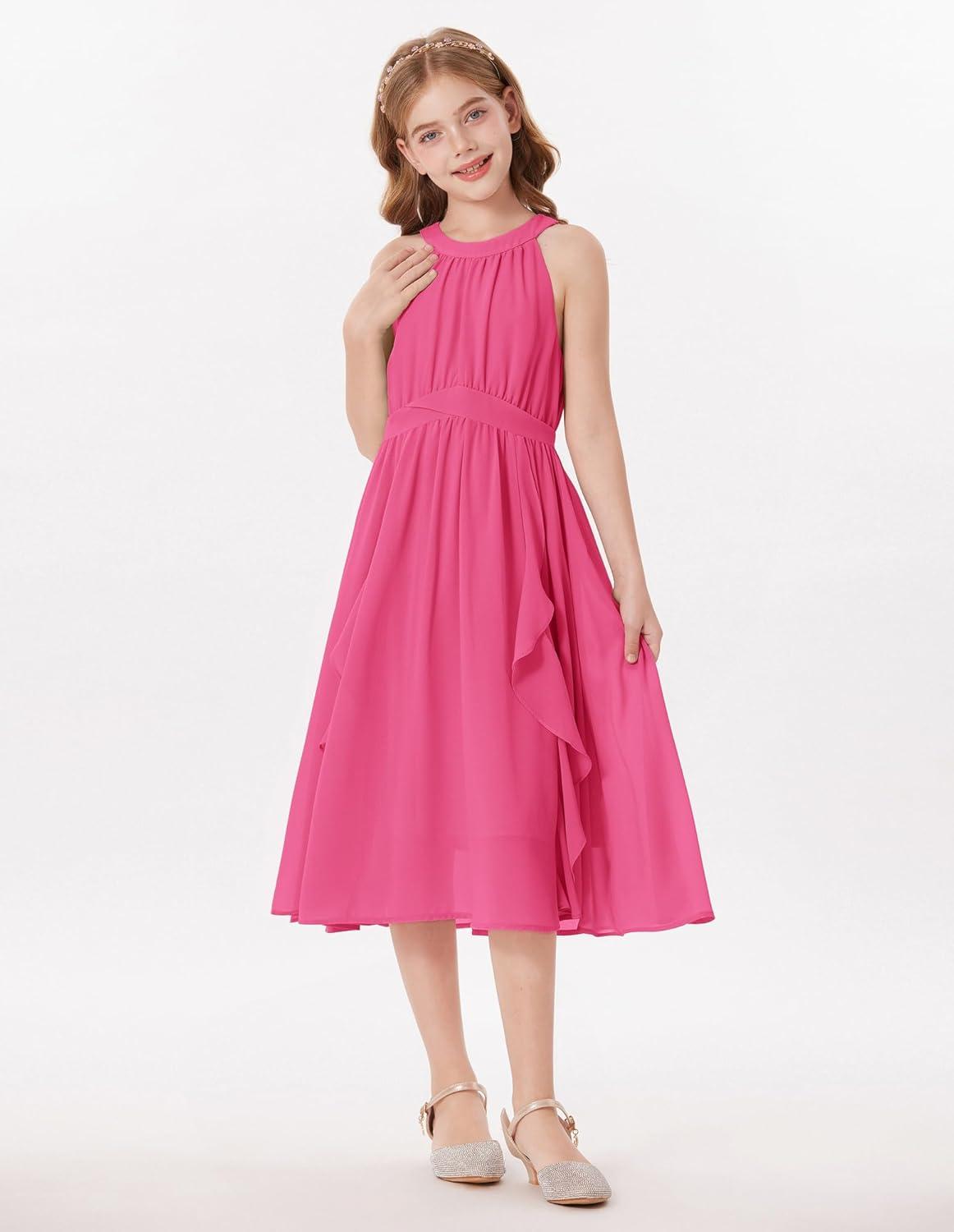 imageGRACE KARIN Girls Halter Neck Dress Midi Party Casual Chiffon Weeding Sundress Swing Pleated Dresses for Girl 614Hot Pink
