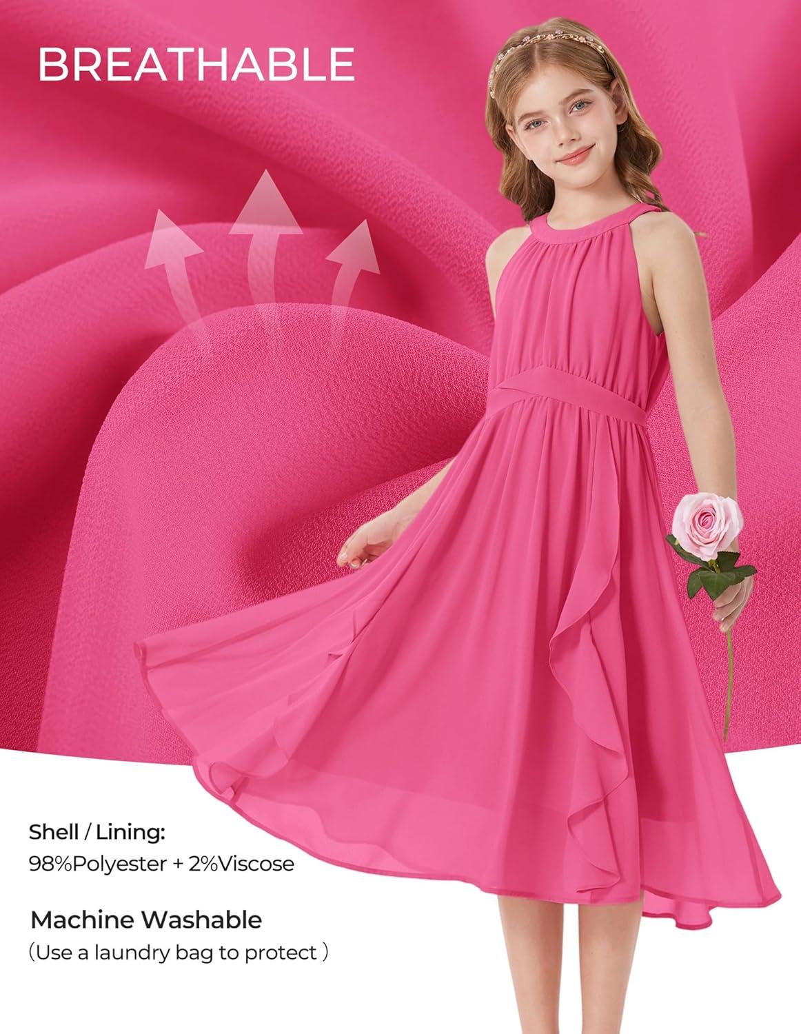 imageGRACE KARIN Girls Halter Neck Dress Midi Party Casual Chiffon Weeding Sundress Swing Pleated Dresses for Girl 614Hot Pink