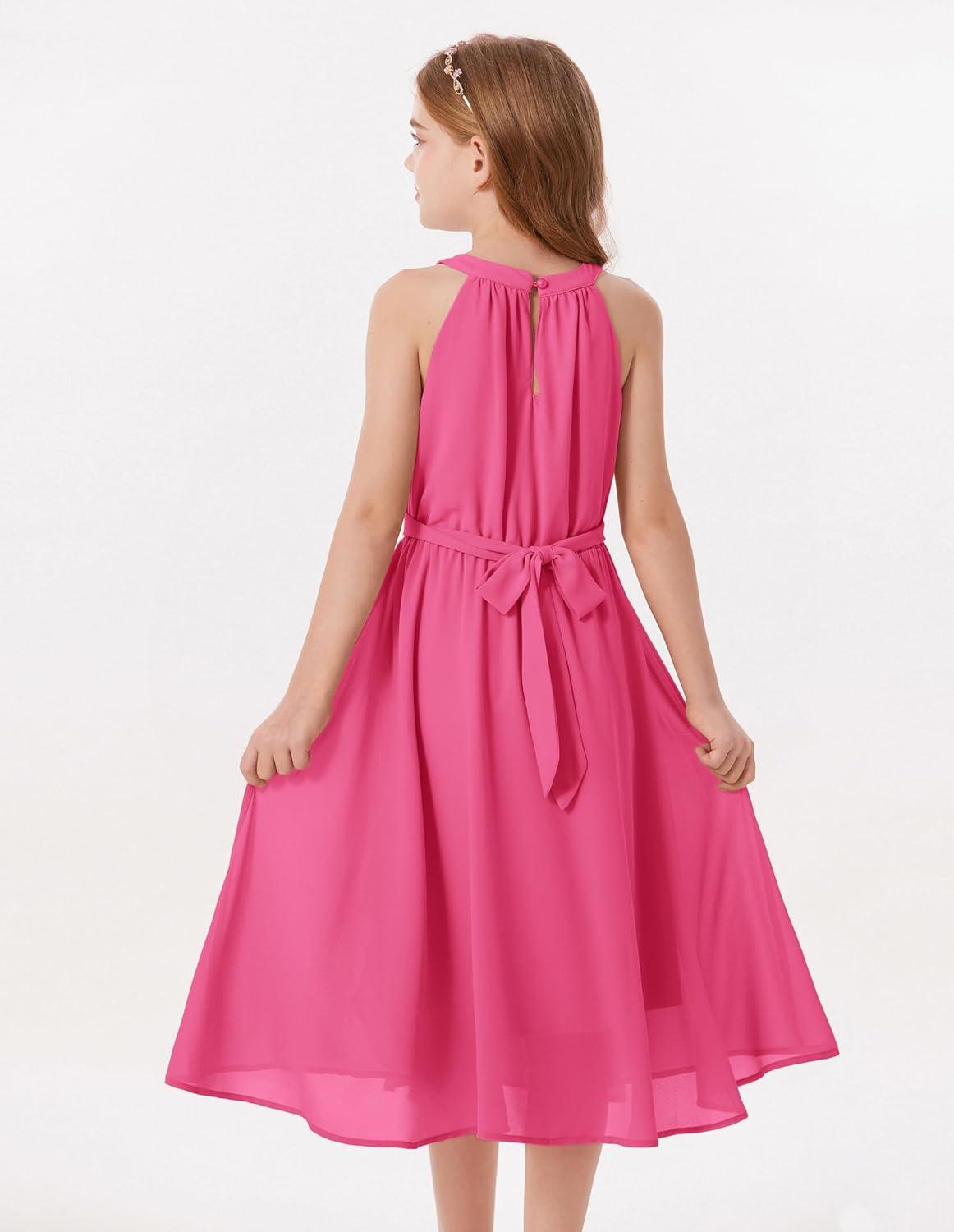 imageGRACE KARIN Girls Halter Neck Dress Midi Party Casual Chiffon Weeding Sundress Swing Pleated Dresses for Girl 614Hot Pink