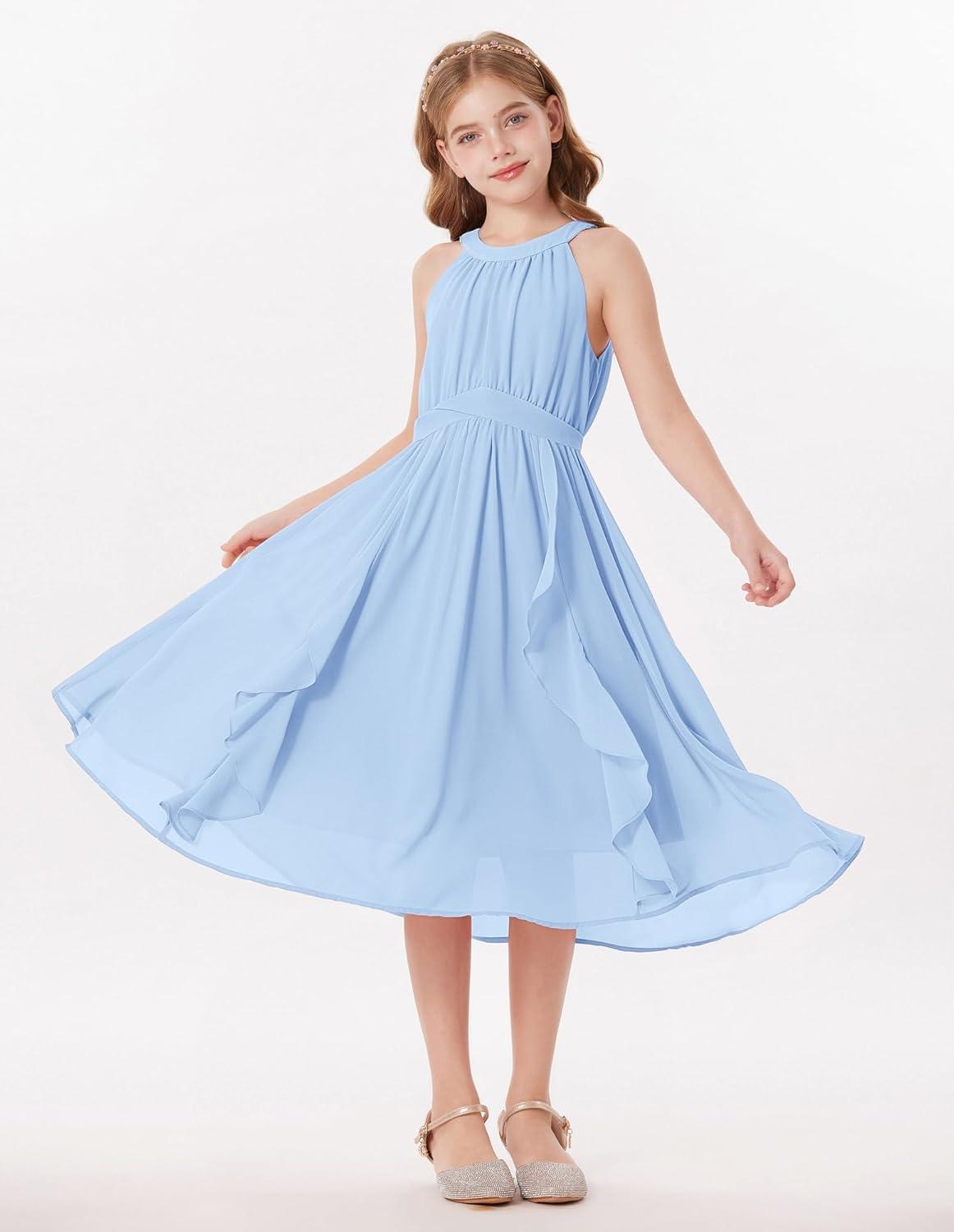 imageGRACE KARIN Girls Halter Neck Dress Midi Party Casual Chiffon Weeding Sundress Swing Pleated Dresses for Girl 614Light Blue