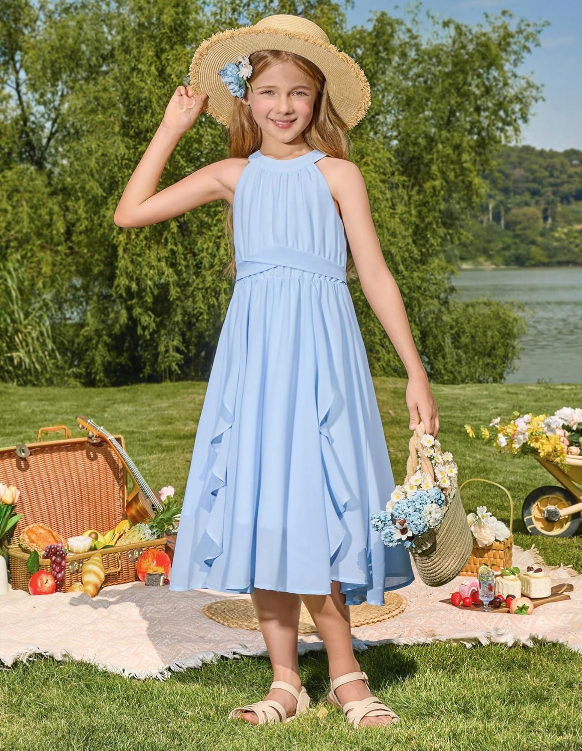 imageGRACE KARIN Girls Halter Neck Dress Midi Party Casual Chiffon Weeding Sundress Swing Pleated Dresses for Girl 614Light Blue