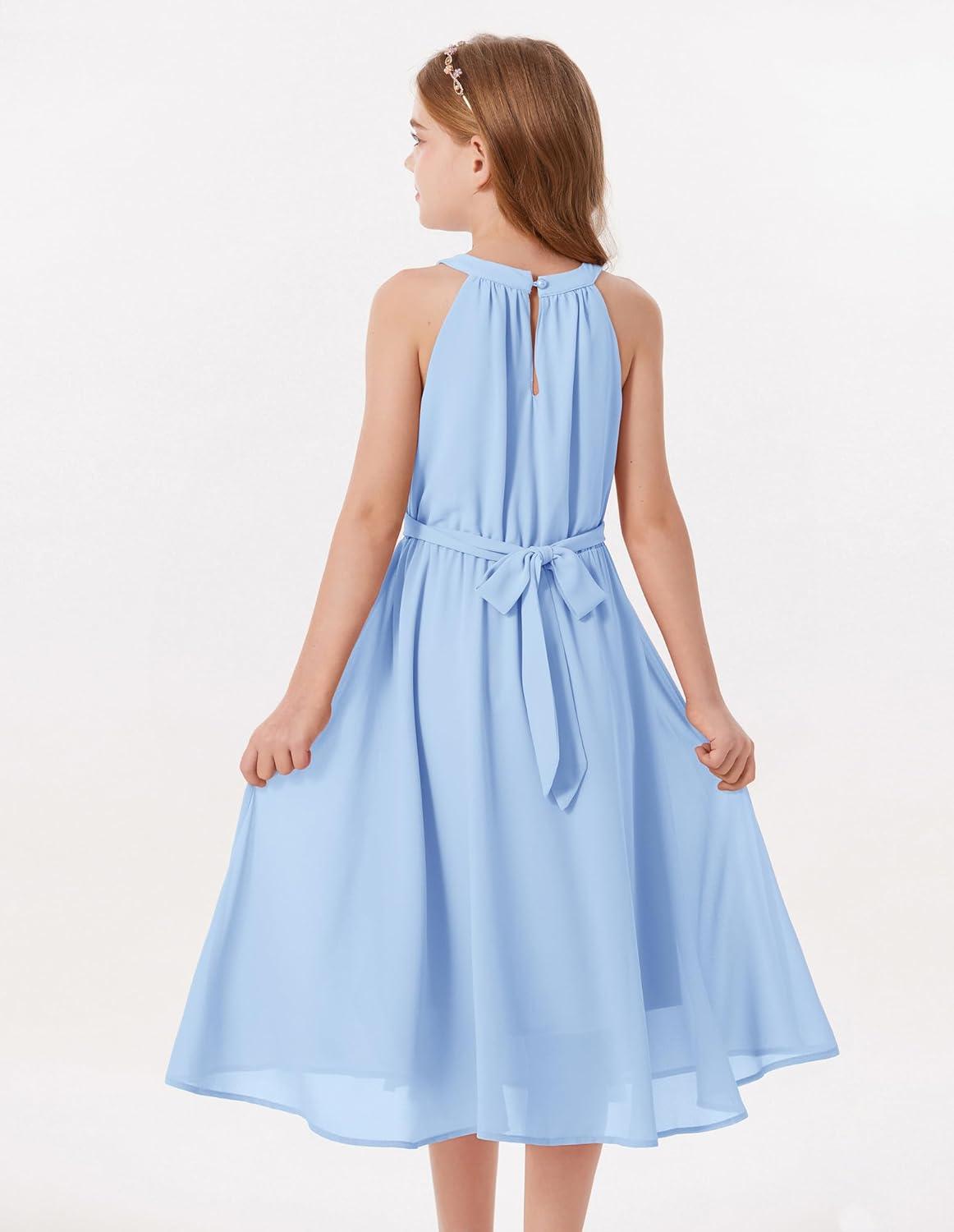 imageGRACE KARIN Girls Halter Neck Dress Midi Party Casual Chiffon Weeding Sundress Swing Pleated Dresses for Girl 614Light Blue