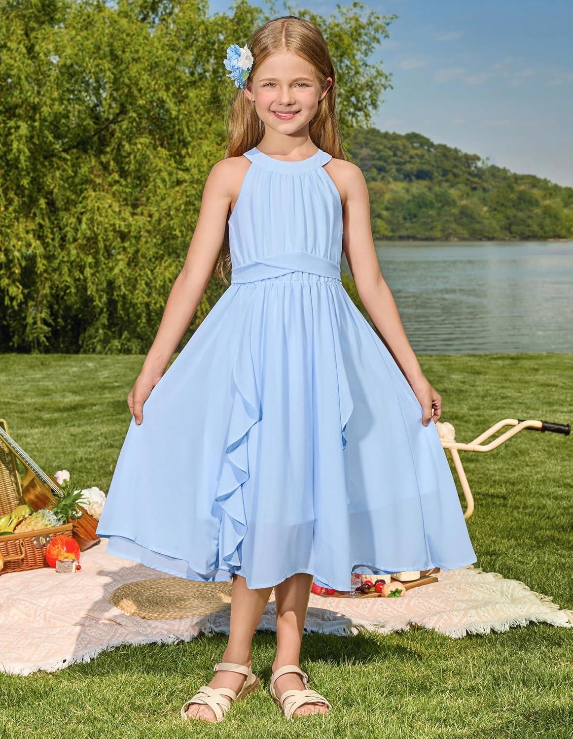 imageGRACE KARIN Girls Halter Neck Dress Midi Party Casual Chiffon Weeding Sundress Swing Pleated Dresses for Girl 614Light Blue
