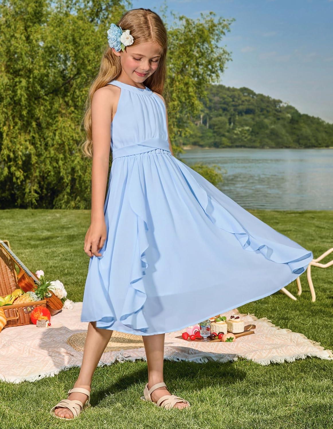 imageGRACE KARIN Girls Halter Neck Dress Midi Party Casual Chiffon Weeding Sundress Swing Pleated Dresses for Girl 614Light Blue