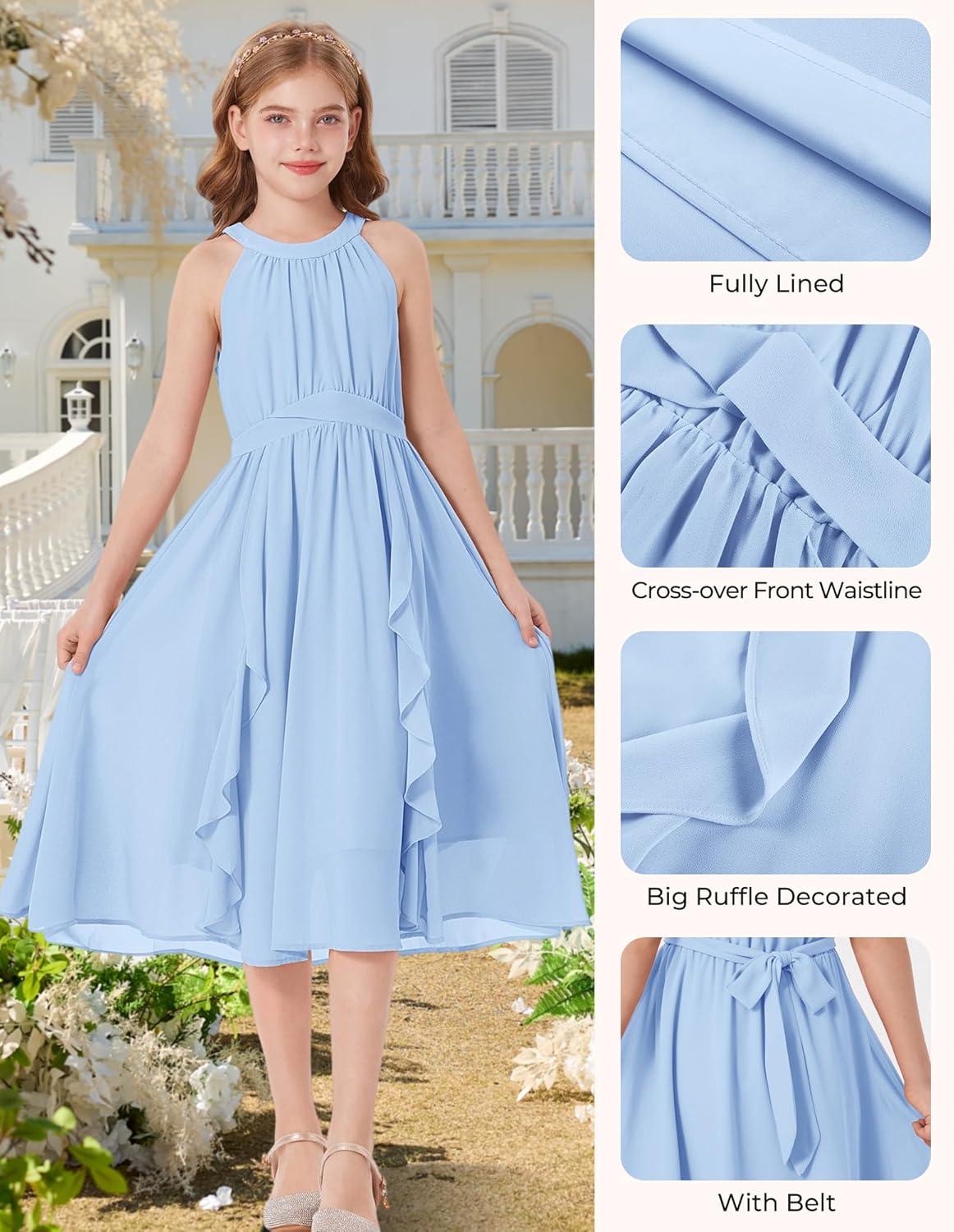 imageGRACE KARIN Girls Halter Neck Dress Midi Party Casual Chiffon Weeding Sundress Swing Pleated Dresses for Girl 614Light Blue