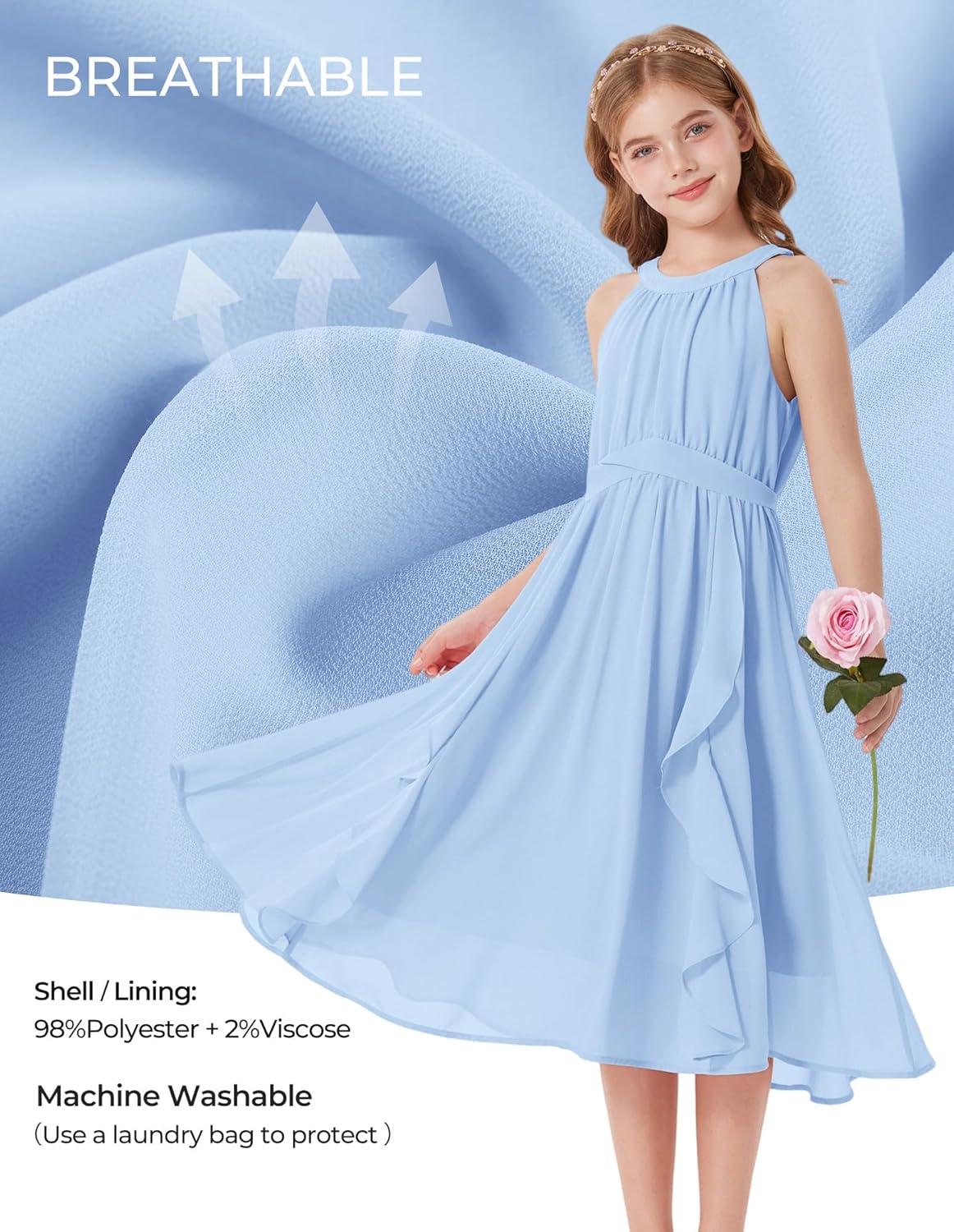 imageGRACE KARIN Girls Halter Neck Dress Midi Party Casual Chiffon Weeding Sundress Swing Pleated Dresses for Girl 614Light Blue