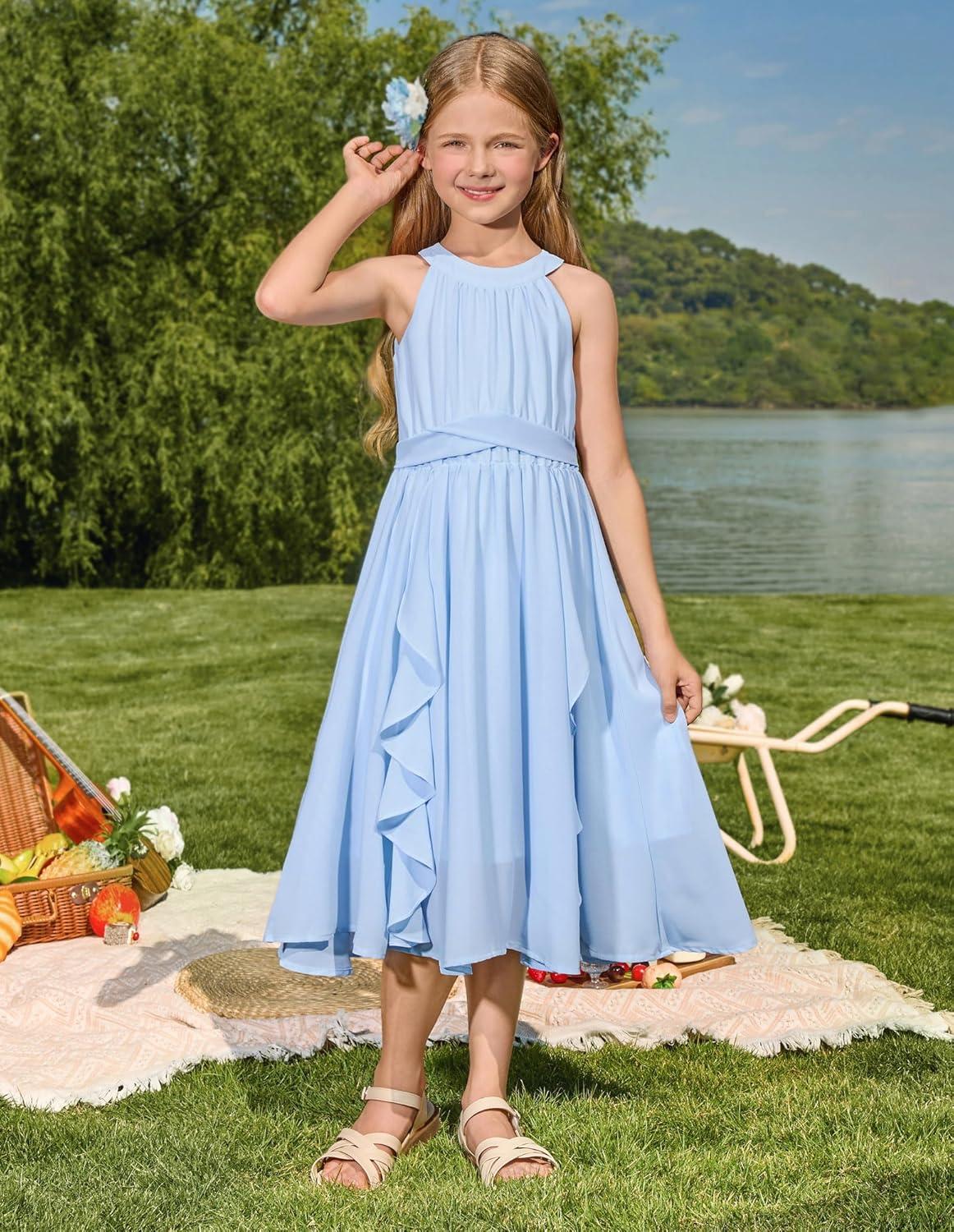 imageGRACE KARIN Girls Halter Neck Dress Midi Party Casual Chiffon Weeding Sundress Swing Pleated Dresses for Girl 614Light Blue
