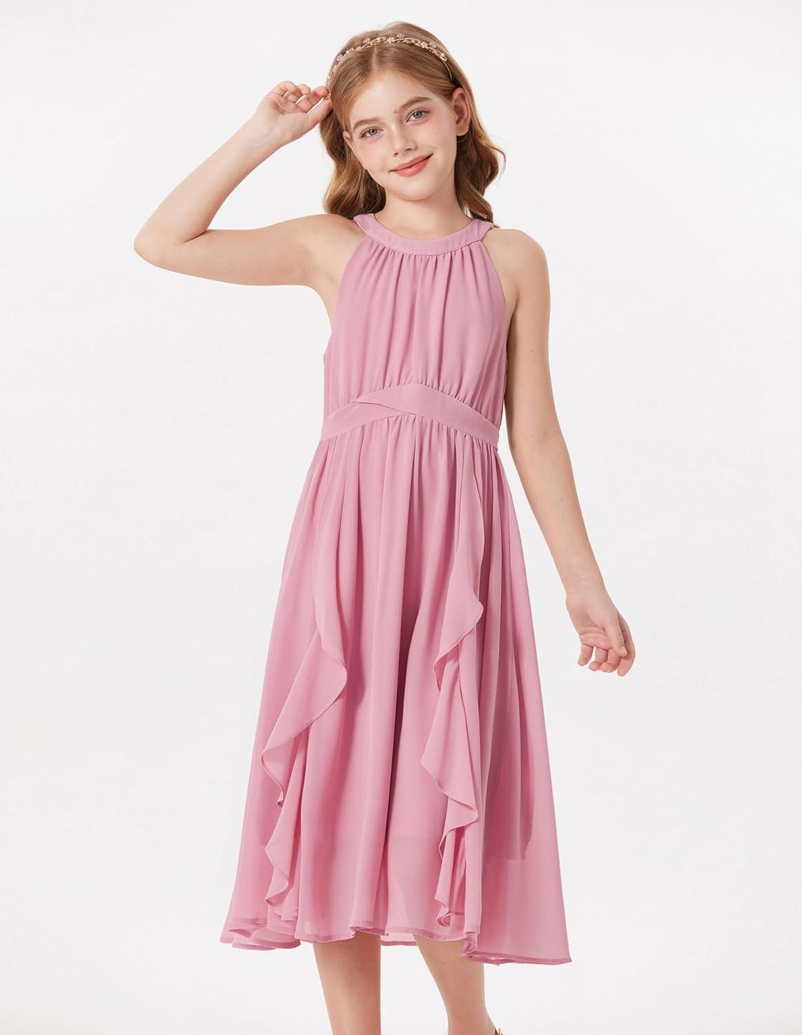 imageGRACE KARIN Girls Halter Neck Dress Midi Party Casual Chiffon Weeding Sundress Swing Pleated Dresses for Girl 614Light Pink