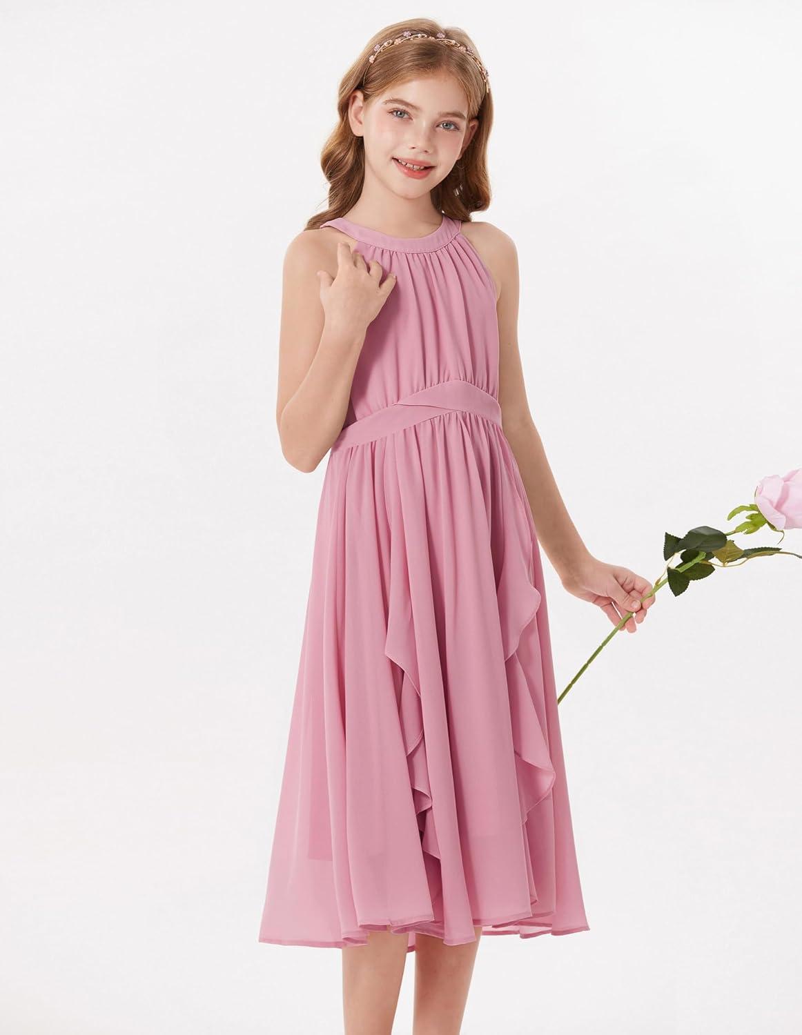 imageGRACE KARIN Girls Halter Neck Dress Midi Party Casual Chiffon Weeding Sundress Swing Pleated Dresses for Girl 614Light Pink