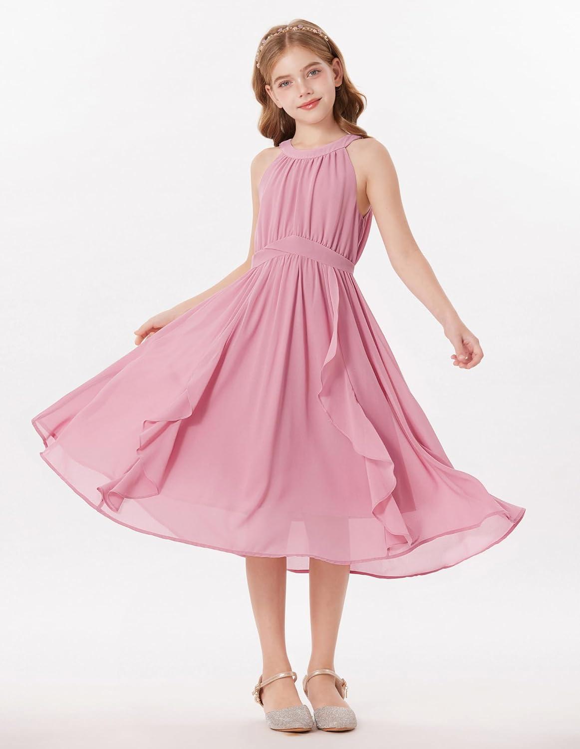 imageGRACE KARIN Girls Halter Neck Dress Midi Party Casual Chiffon Weeding Sundress Swing Pleated Dresses for Girl 614Light Pink