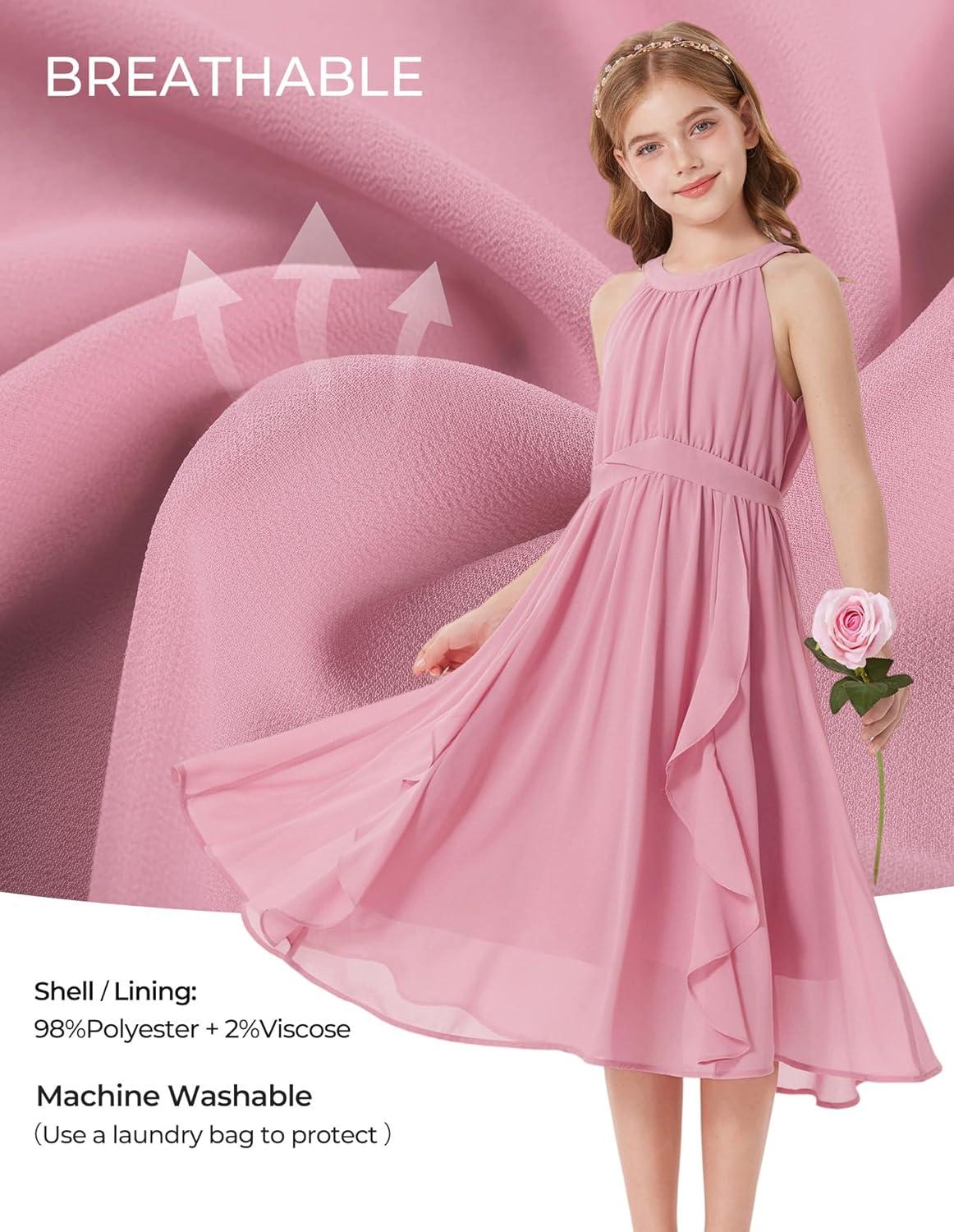 imageGRACE KARIN Girls Halter Neck Dress Midi Party Casual Chiffon Weeding Sundress Swing Pleated Dresses for Girl 614Light Pink