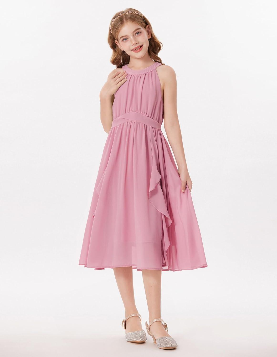 imageGRACE KARIN Girls Halter Neck Dress Midi Party Casual Chiffon Weeding Sundress Swing Pleated Dresses for Girl 614Light Pink