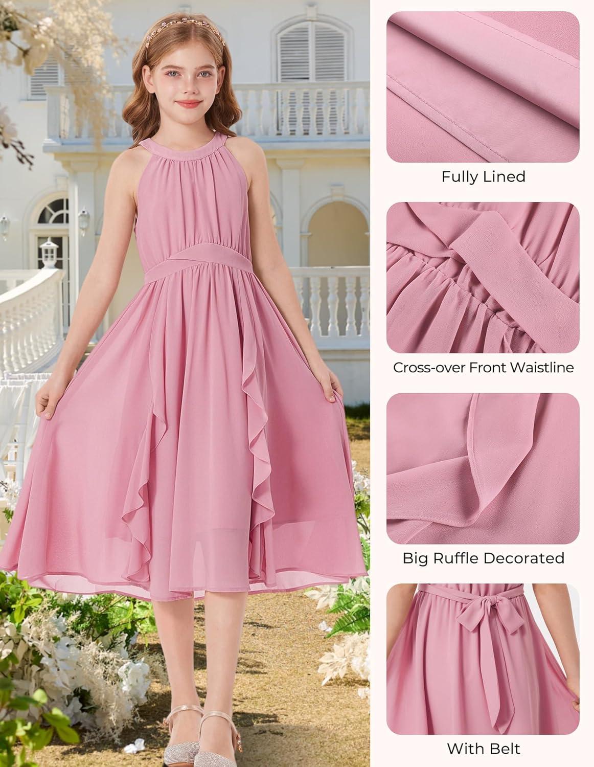 imageGRACE KARIN Girls Halter Neck Dress Midi Party Casual Chiffon Weeding Sundress Swing Pleated Dresses for Girl 614Light Pink