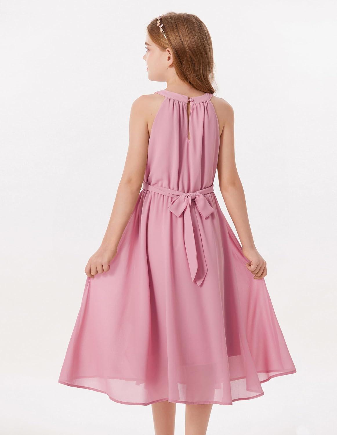 imageGRACE KARIN Girls Halter Neck Dress Midi Party Casual Chiffon Weeding Sundress Swing Pleated Dresses for Girl 614Light Pink