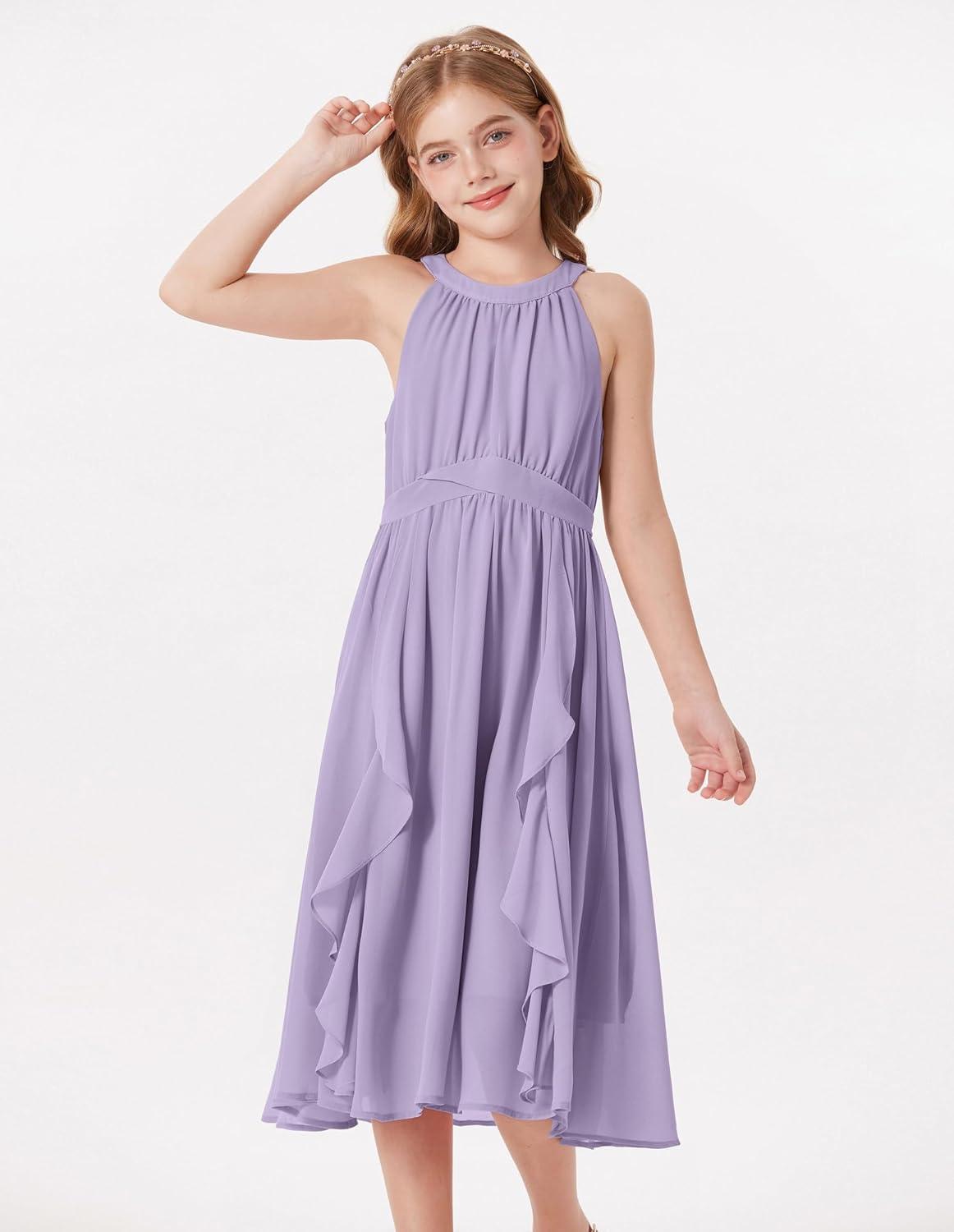 imageGRACE KARIN Girls Halter Neck Dress Midi Party Casual Chiffon Weeding Sundress Swing Pleated Dresses for Girl 614Purple