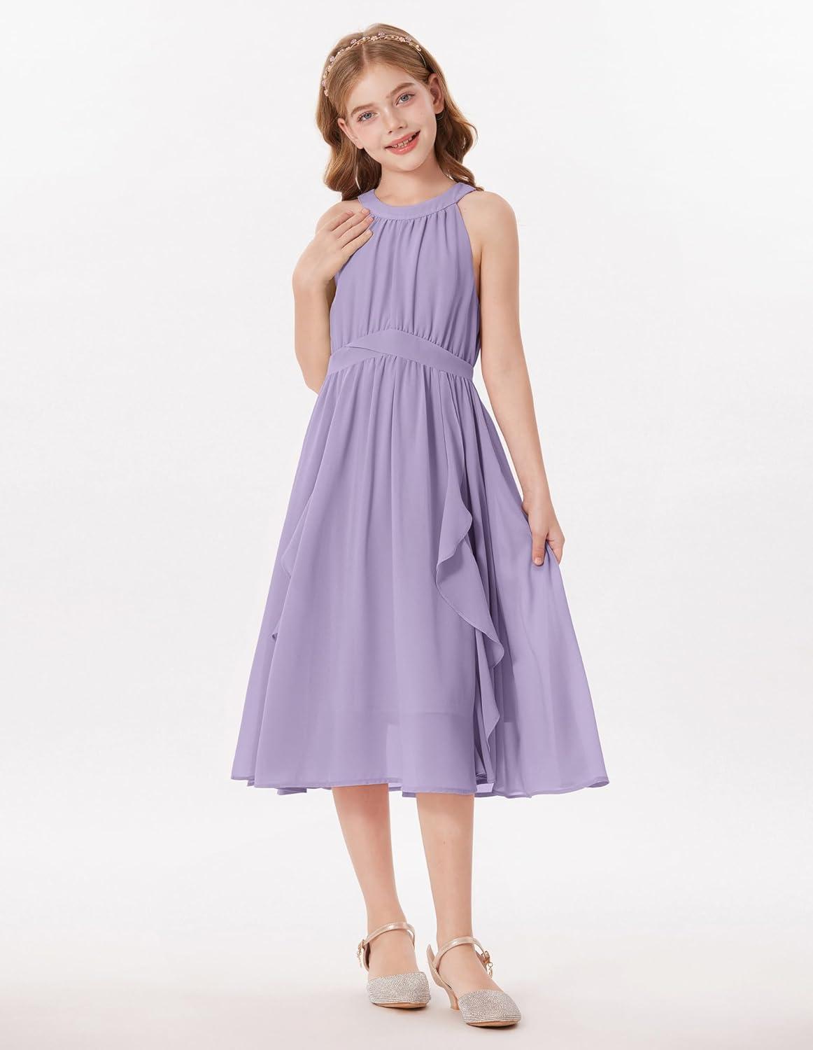 imageGRACE KARIN Girls Halter Neck Dress Midi Party Casual Chiffon Weeding Sundress Swing Pleated Dresses for Girl 614Purple