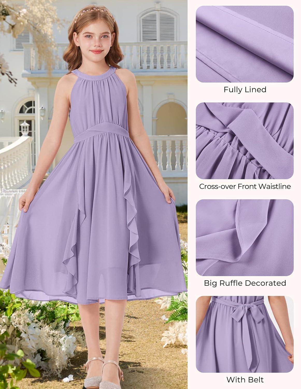 imageGRACE KARIN Girls Halter Neck Dress Midi Party Casual Chiffon Weeding Sundress Swing Pleated Dresses for Girl 614Purple