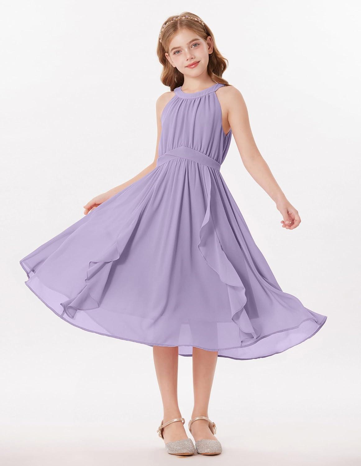 imageGRACE KARIN Girls Halter Neck Dress Midi Party Casual Chiffon Weeding Sundress Swing Pleated Dresses for Girl 614Purple