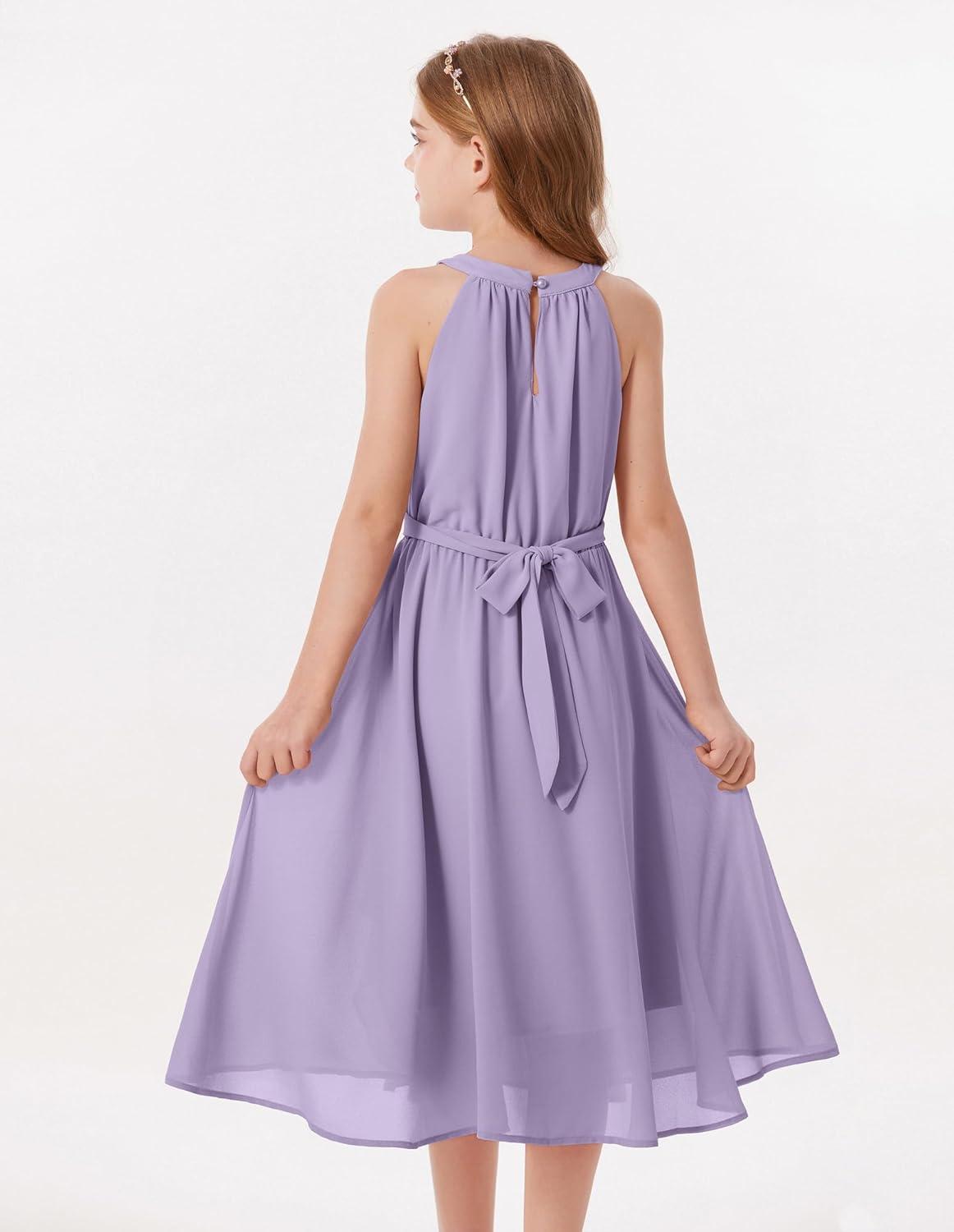 imageGRACE KARIN Girls Halter Neck Dress Midi Party Casual Chiffon Weeding Sundress Swing Pleated Dresses for Girl 614Purple