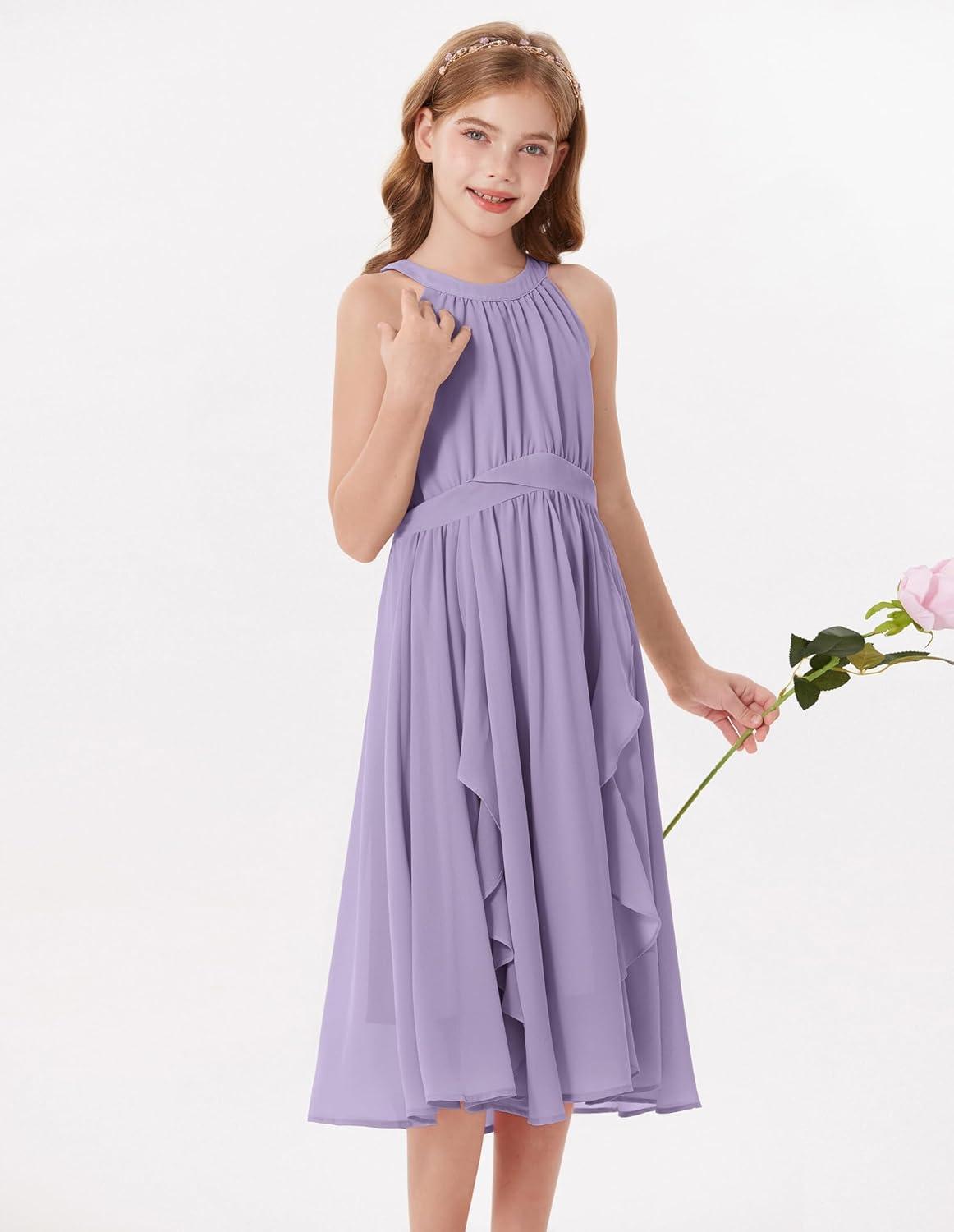 imageGRACE KARIN Girls Halter Neck Dress Midi Party Casual Chiffon Weeding Sundress Swing Pleated Dresses for Girl 614Purple