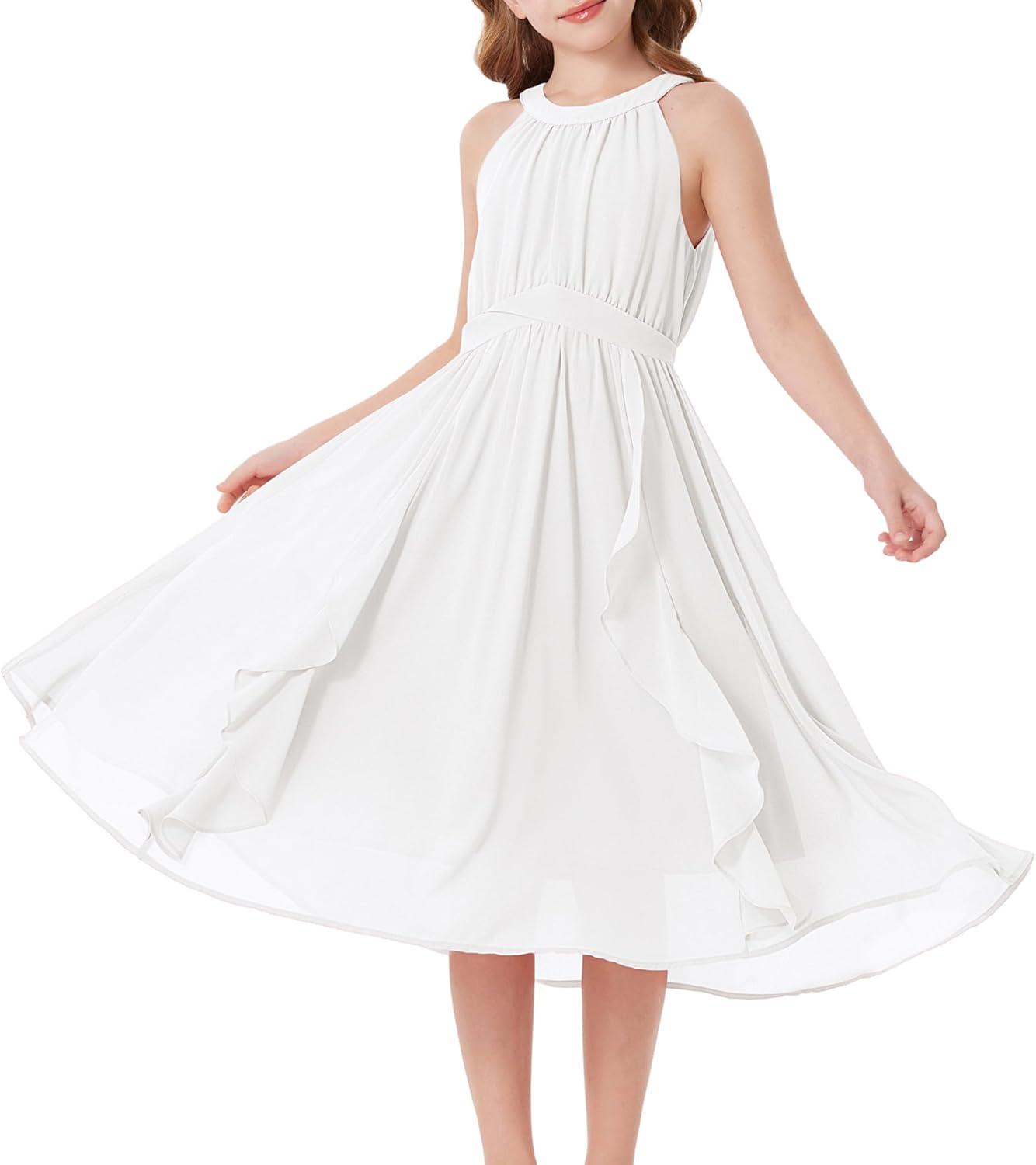 imageGRACE KARIN Girls Halter Neck Dress Midi Party Casual Chiffon Weeding Sundress Swing Pleated Dresses for Girl 614White