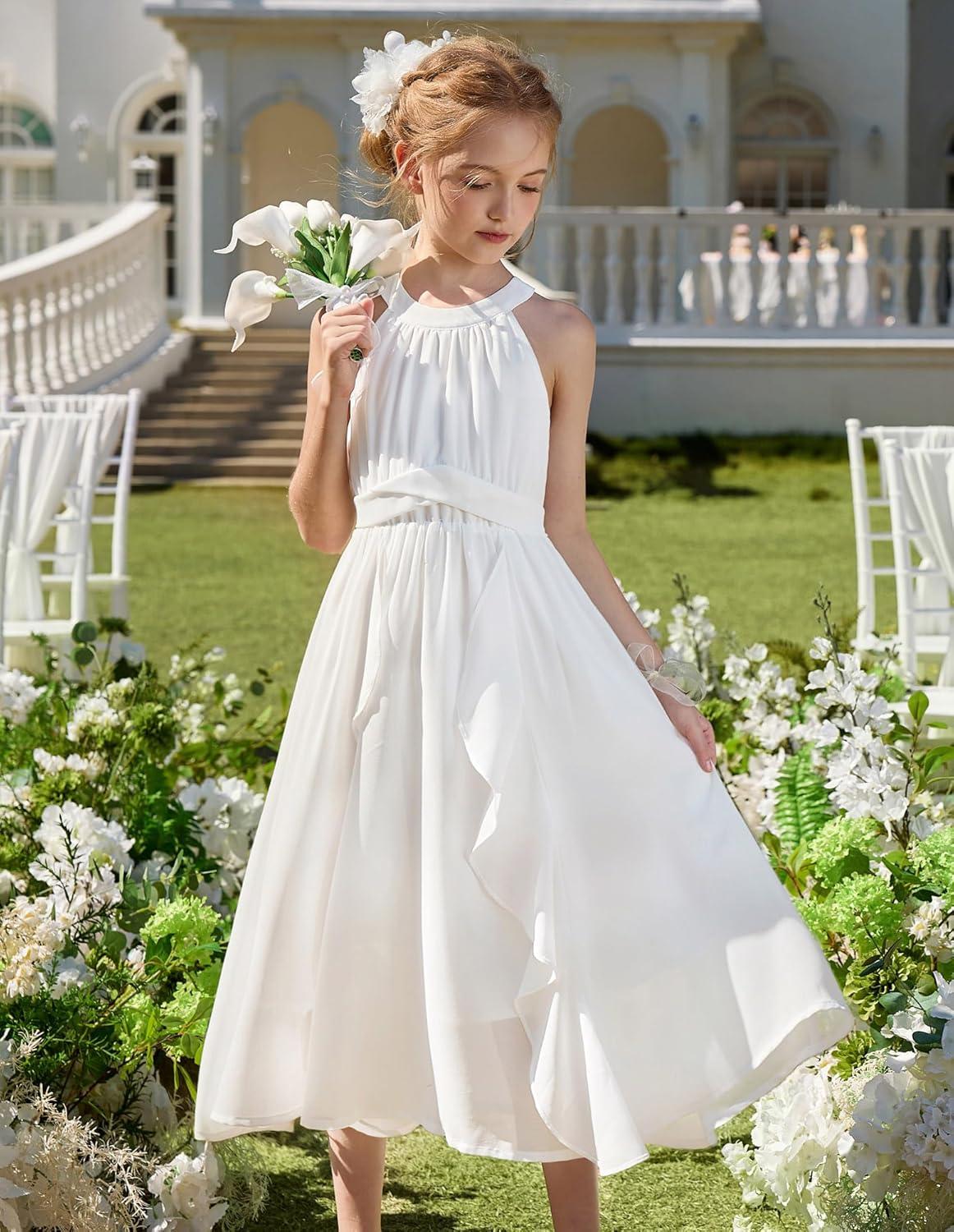 imageGRACE KARIN Girls Halter Neck Dress Midi Party Casual Chiffon Weeding Sundress Swing Pleated Dresses for Girl 614White