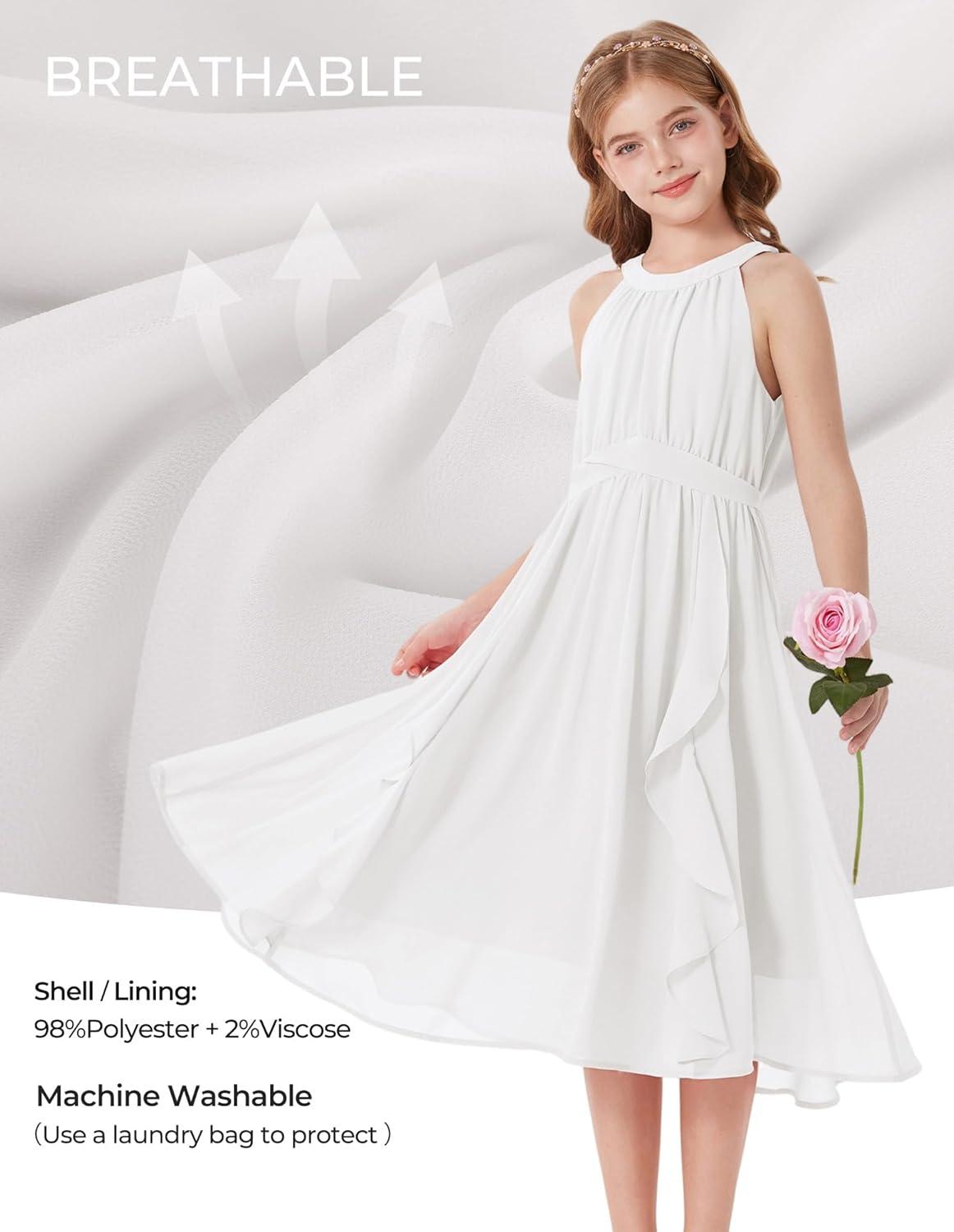 imageGRACE KARIN Girls Halter Neck Dress Midi Party Casual Chiffon Weeding Sundress Swing Pleated Dresses for Girl 614White