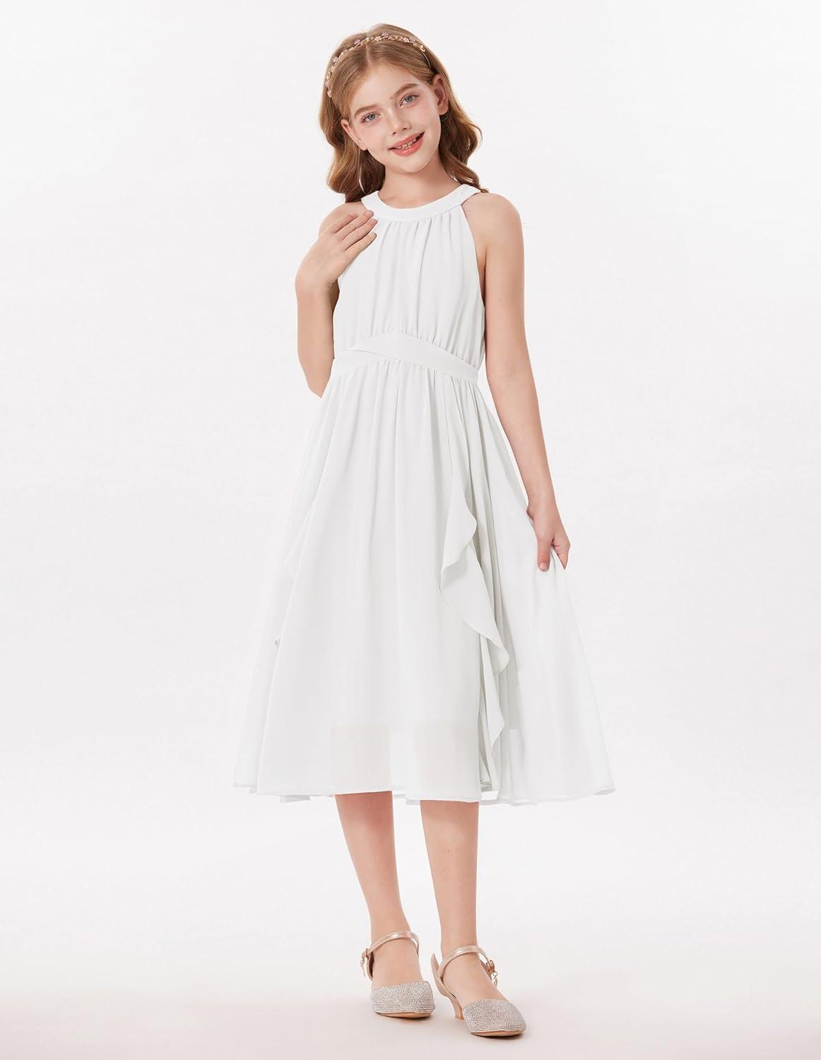 imageGRACE KARIN Girls Halter Neck Dress Midi Party Casual Chiffon Weeding Sundress Swing Pleated Dresses for Girl 614White