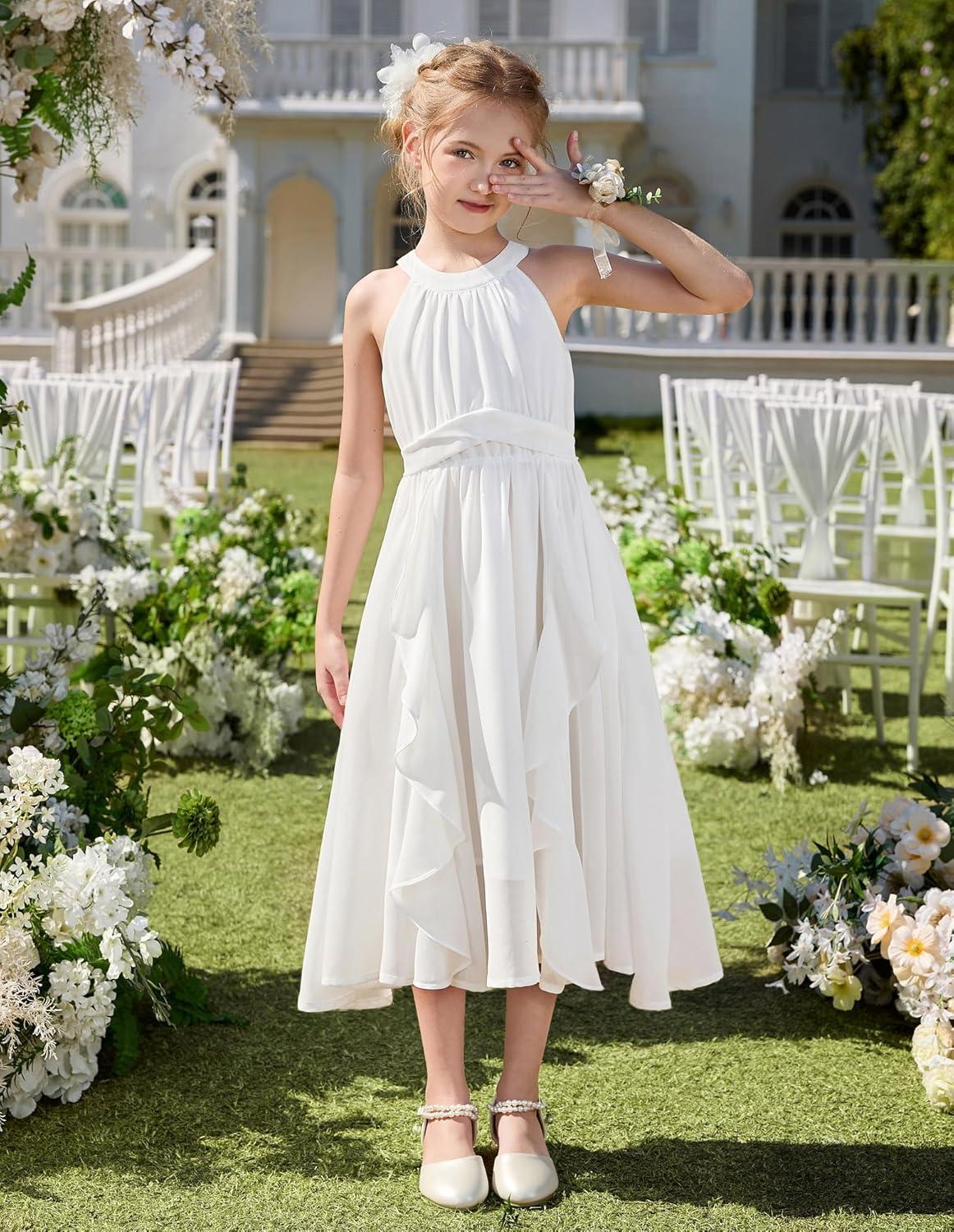 imageGRACE KARIN Girls Halter Neck Dress Midi Party Casual Chiffon Weeding Sundress Swing Pleated Dresses for Girl 614White