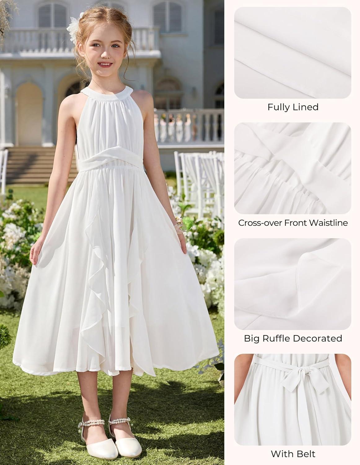 imageGRACE KARIN Girls Halter Neck Dress Midi Party Casual Chiffon Weeding Sundress Swing Pleated Dresses for Girl 614White