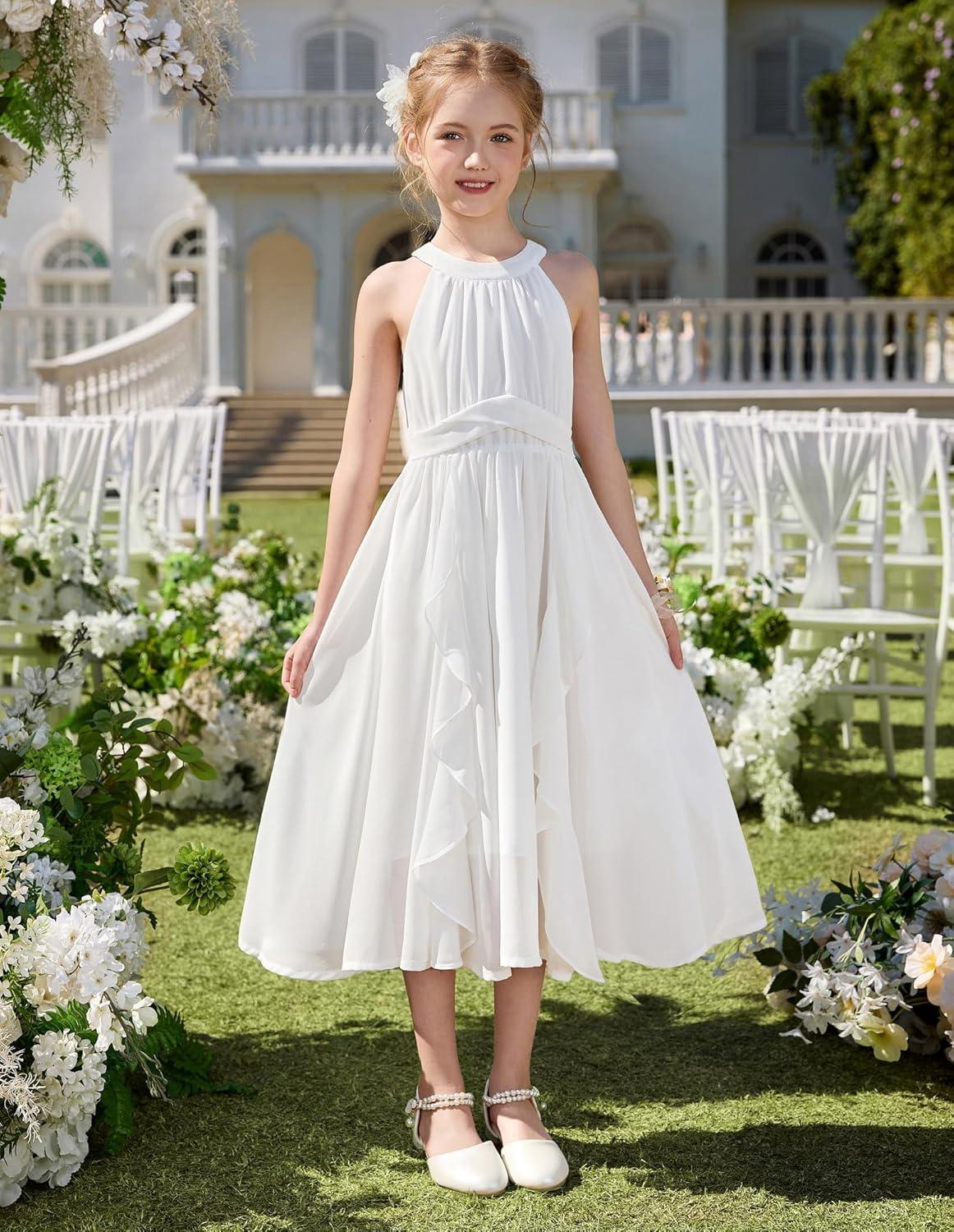 imageGRACE KARIN Girls Halter Neck Dress Midi Party Casual Chiffon Weeding Sundress Swing Pleated Dresses for Girl 614White