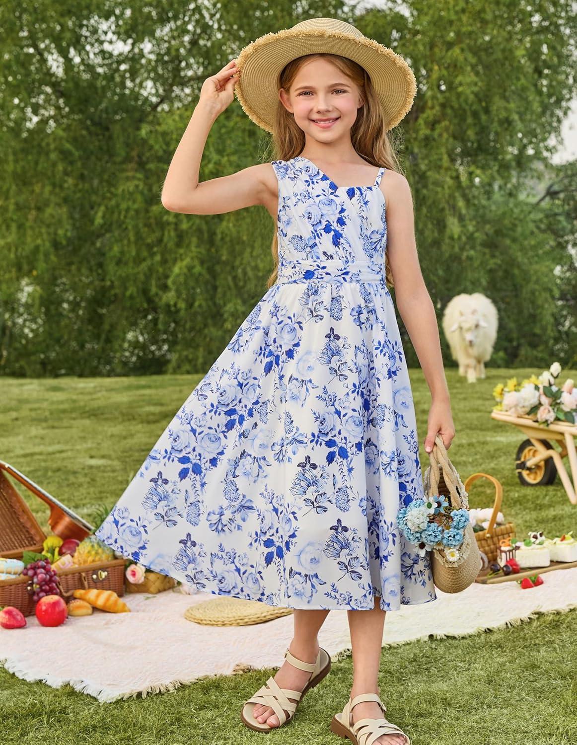imageGRACE KARIN Girls Junior Bridesmaid Dresses Chiffon Flower Girl Dress for Party Prom Birthday Formal 614YBlue Floral