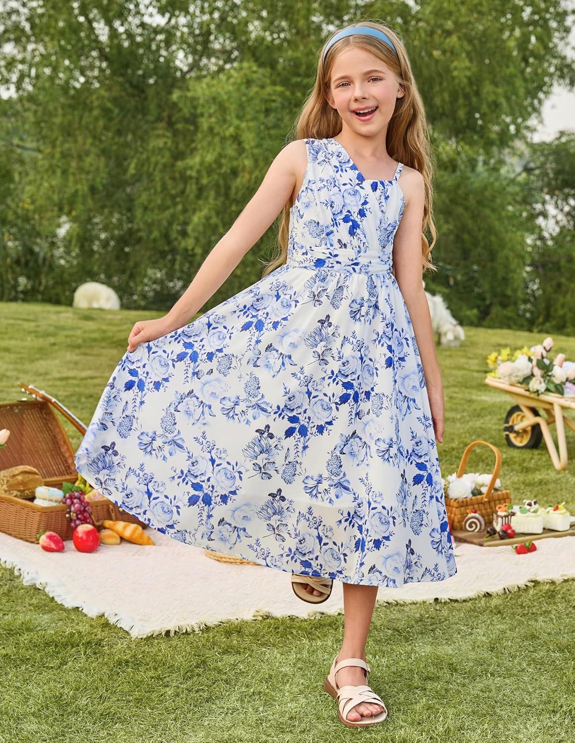 imageGRACE KARIN Girls Junior Bridesmaid Dresses Chiffon Flower Girl Dress for Party Prom Birthday Formal 614YBlue Floral