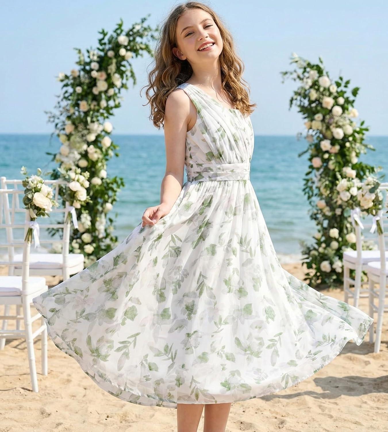 imageGRACE KARIN Girls Junior Bridesmaid Dresses Chiffon Flower Girl Dress for Party Prom Birthday Formal 614YGreen Floral