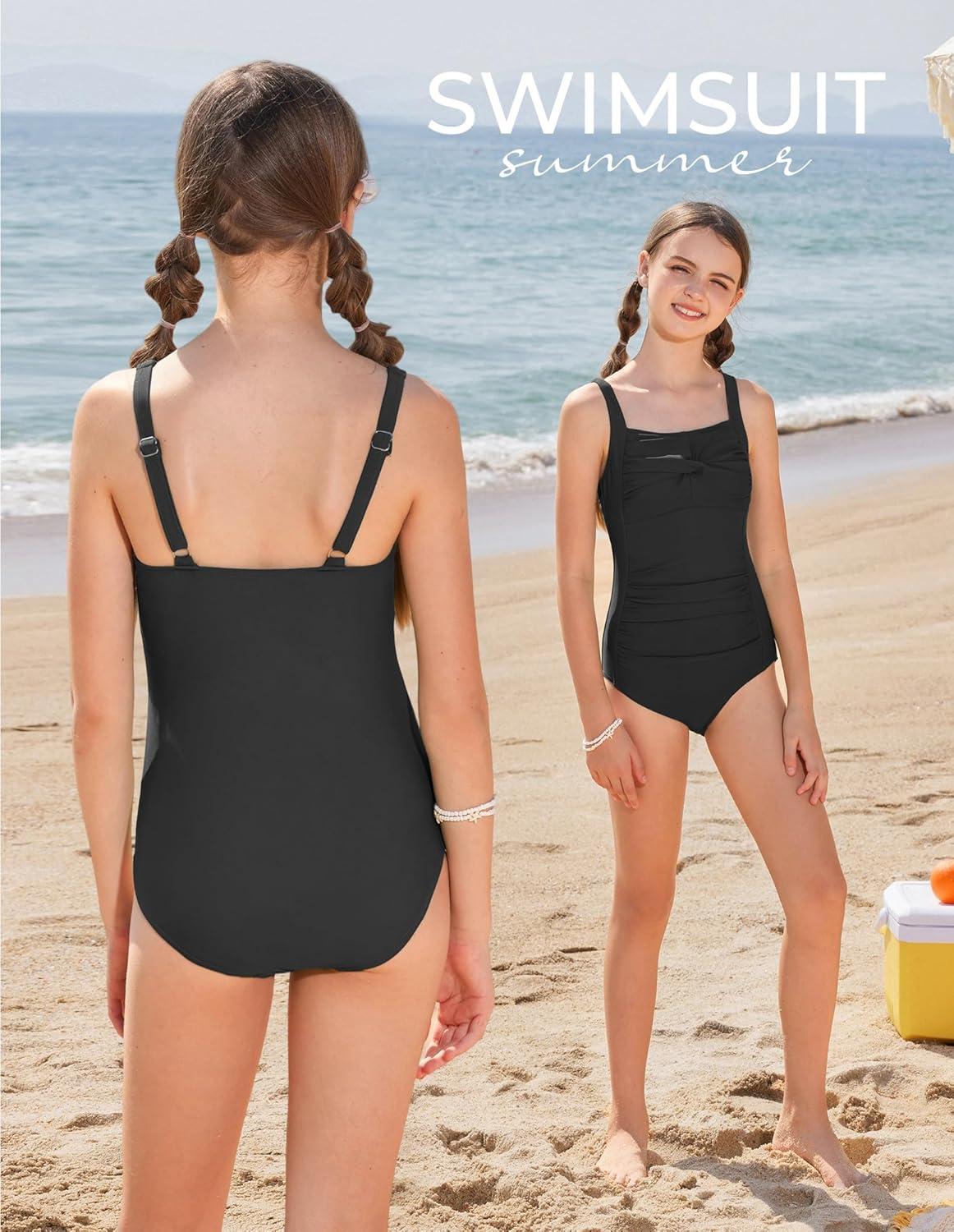 imageGRACE KARIN Girls One Piece Swimsuits Adjustable Strap Bathing Suits Teen Girl Swim Suit Kids Padded SwimwearBlack