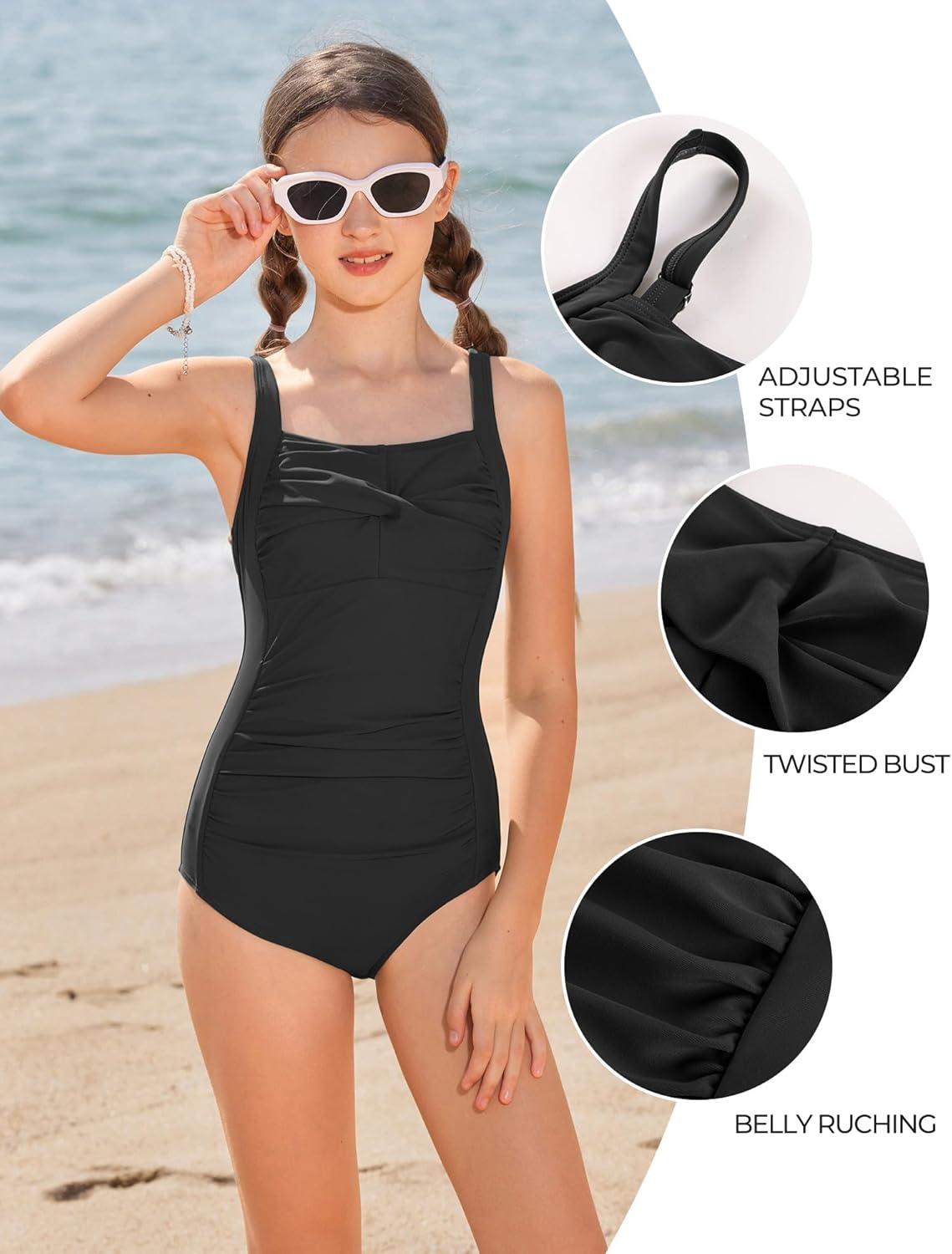 imageGRACE KARIN Girls One Piece Swimsuits Adjustable Strap Bathing Suits Teen Girl Swim Suit Kids Padded SwimwearBlack
