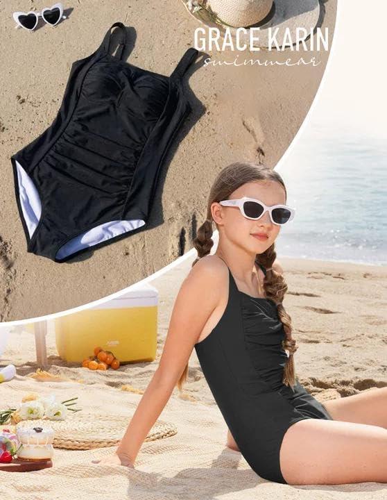 imageGRACE KARIN Girls One Piece Swimsuits Adjustable Strap Bathing Suits Teen Girl Swim Suit Kids Padded SwimwearBlack