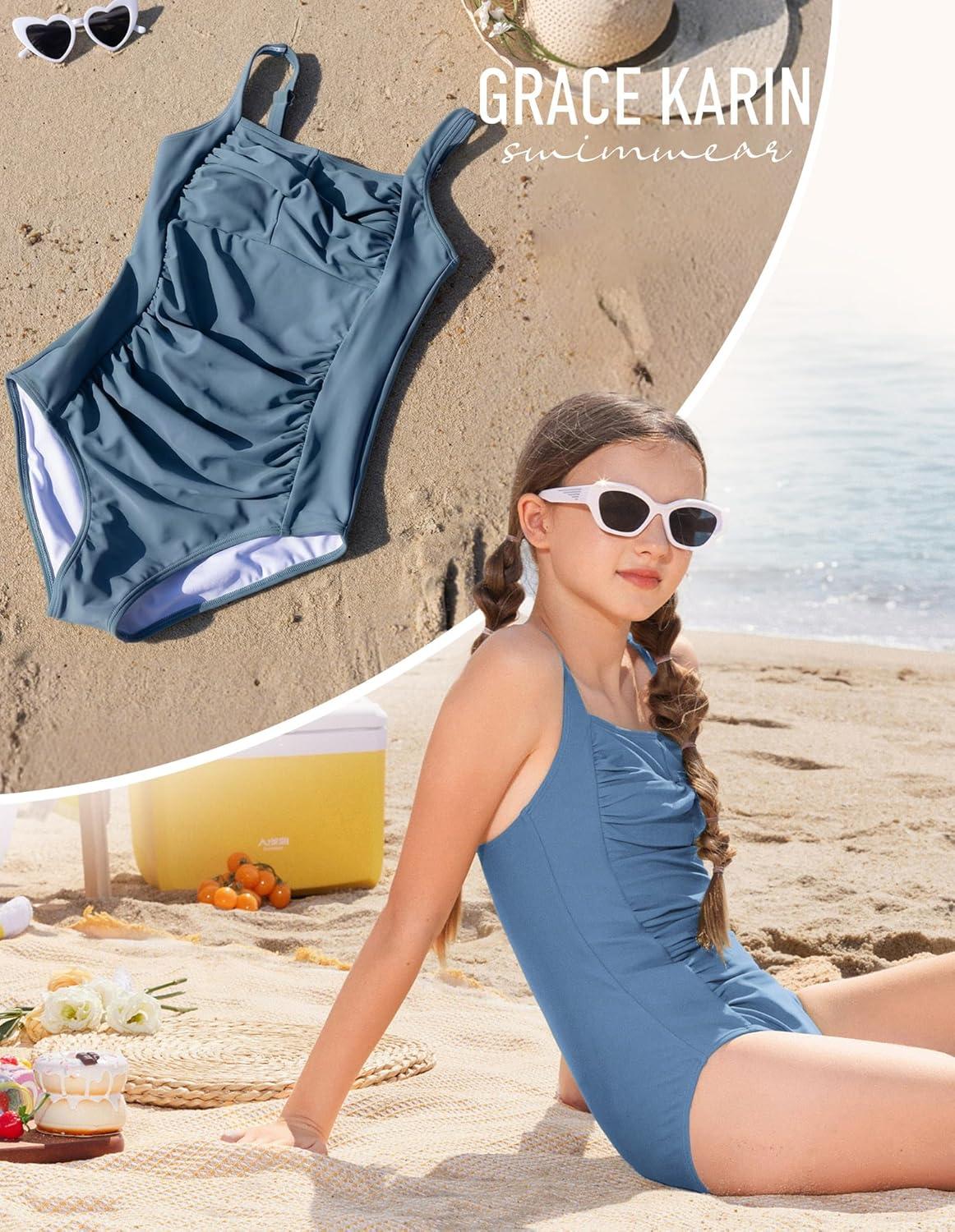 imageGRACE KARIN Girls One Piece Swimsuits Adjustable Strap Bathing Suits Teen Girl Swim Suit Kids Padded SwimwearDusty Blue