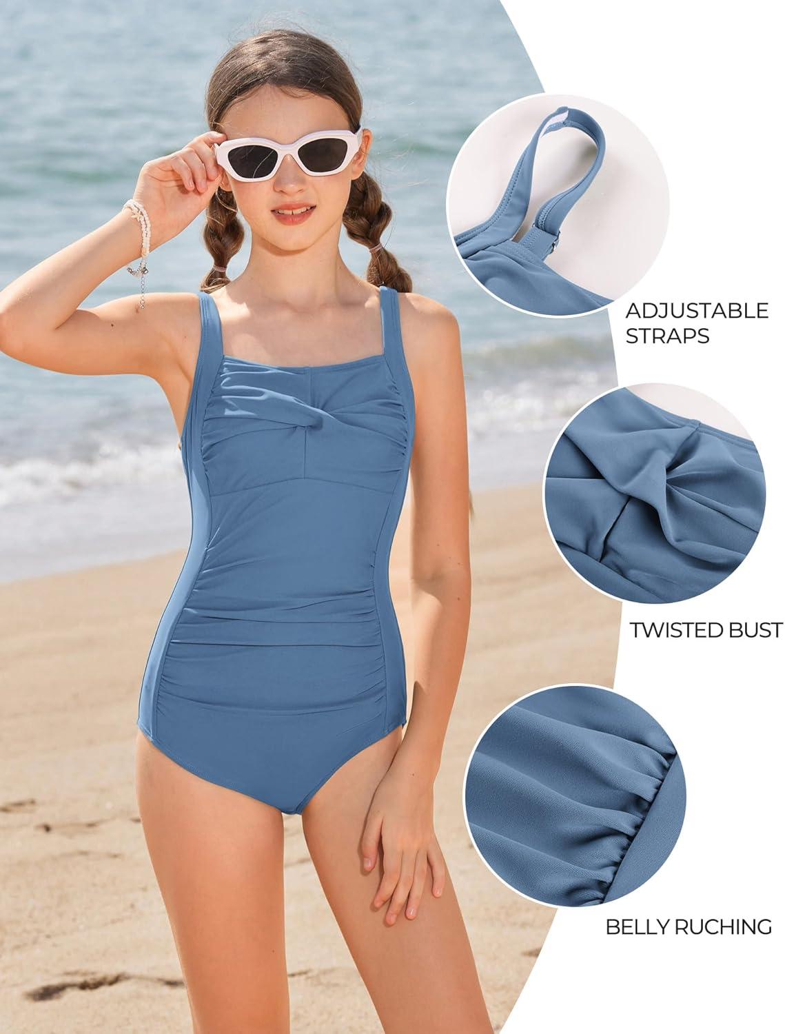 imageGRACE KARIN Girls One Piece Swimsuits Adjustable Strap Bathing Suits Teen Girl Swim Suit Kids Padded SwimwearDusty Blue