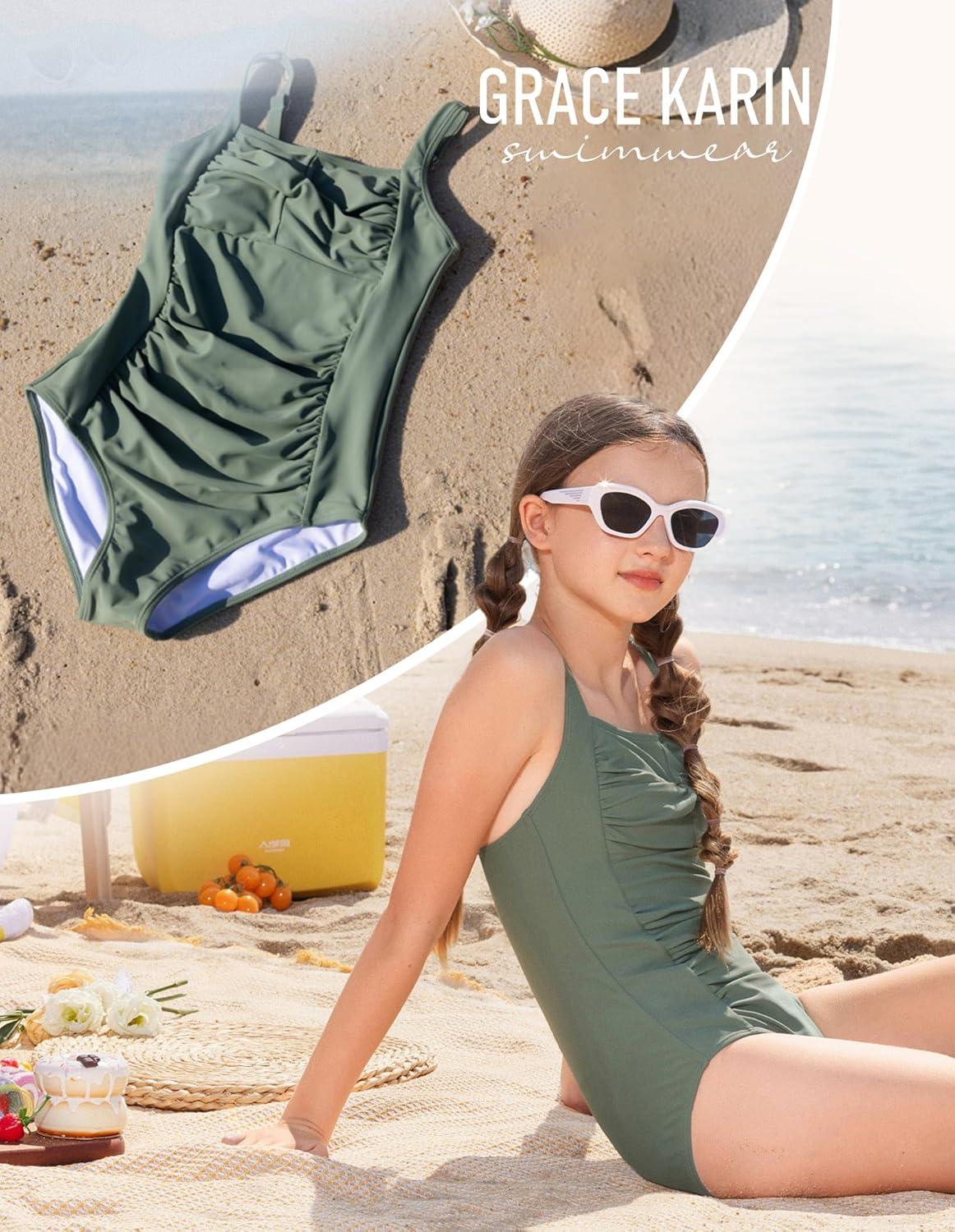imageGRACE KARIN Girls One Piece Swimsuits Adjustable Strap Bathing Suits Teen Girl Swim Suit Kids Padded SwimwearGreen