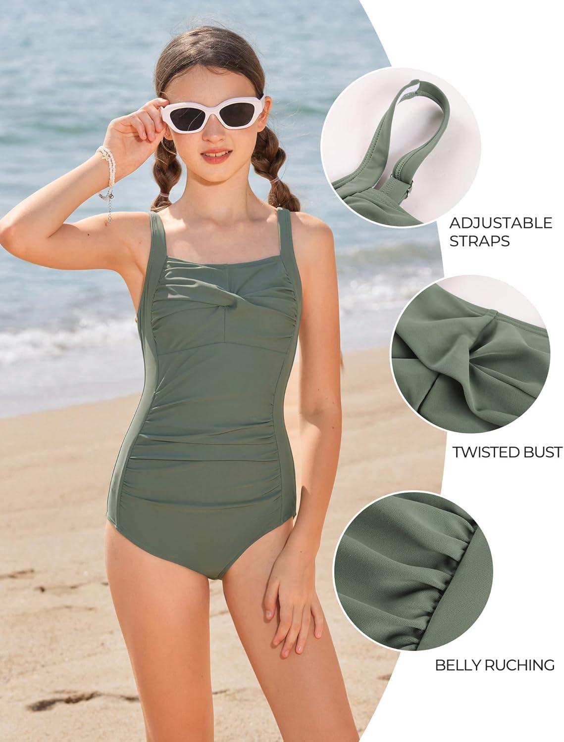 imageGRACE KARIN Girls One Piece Swimsuits Adjustable Strap Bathing Suits Teen Girl Swim Suit Kids Padded SwimwearGreen